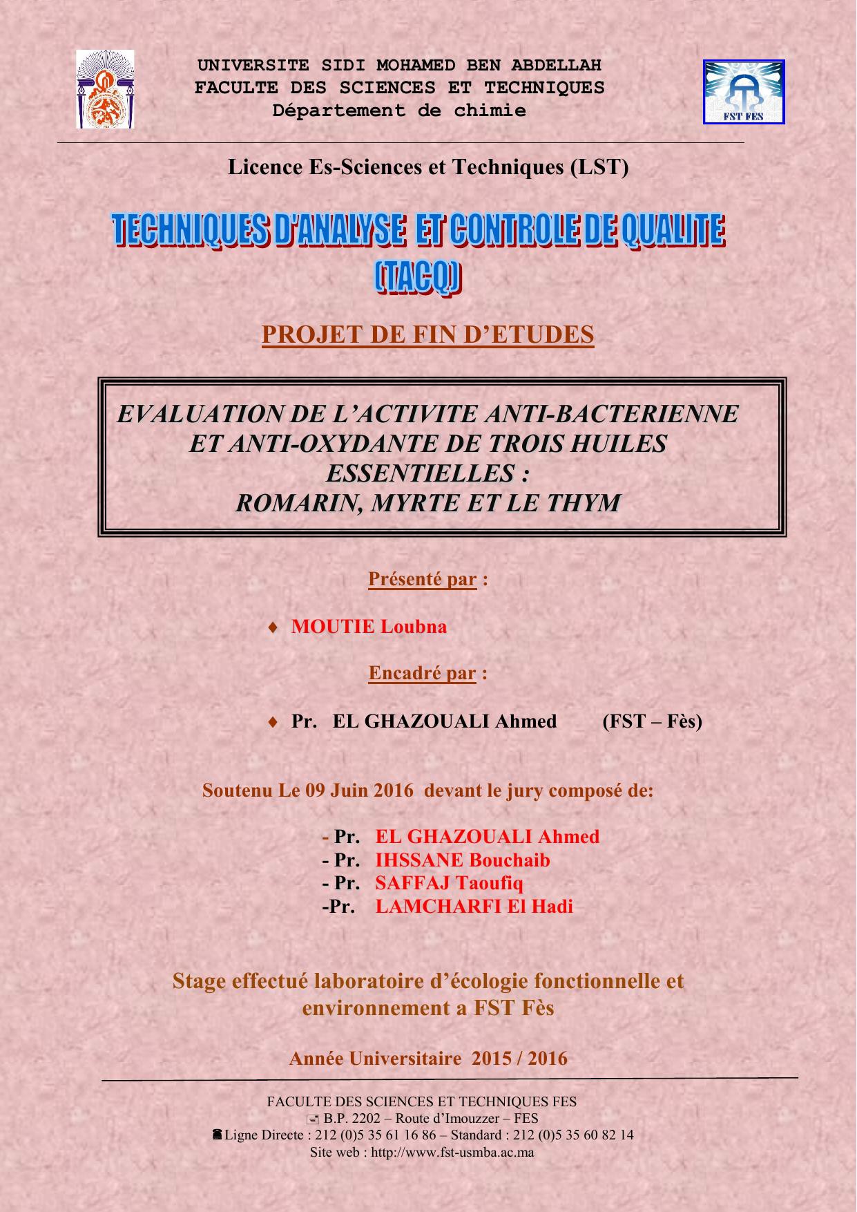 Evaluation de l'activité antibactérienne et antioxydante de trois huiles essentielles: Romarin, Myrte et le Thym