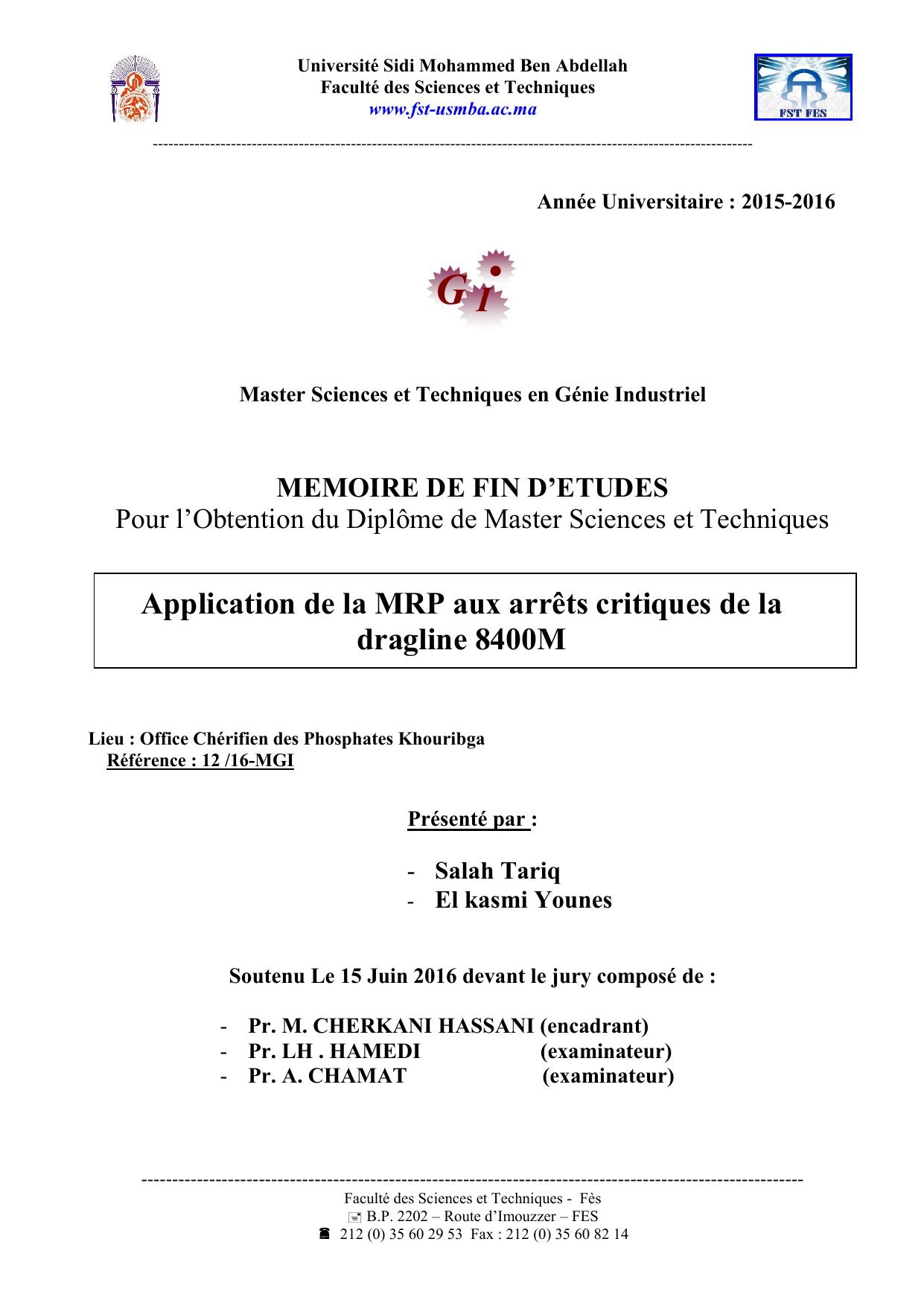 Application de la MRP aux arrêts critiques de la dragline 8400M