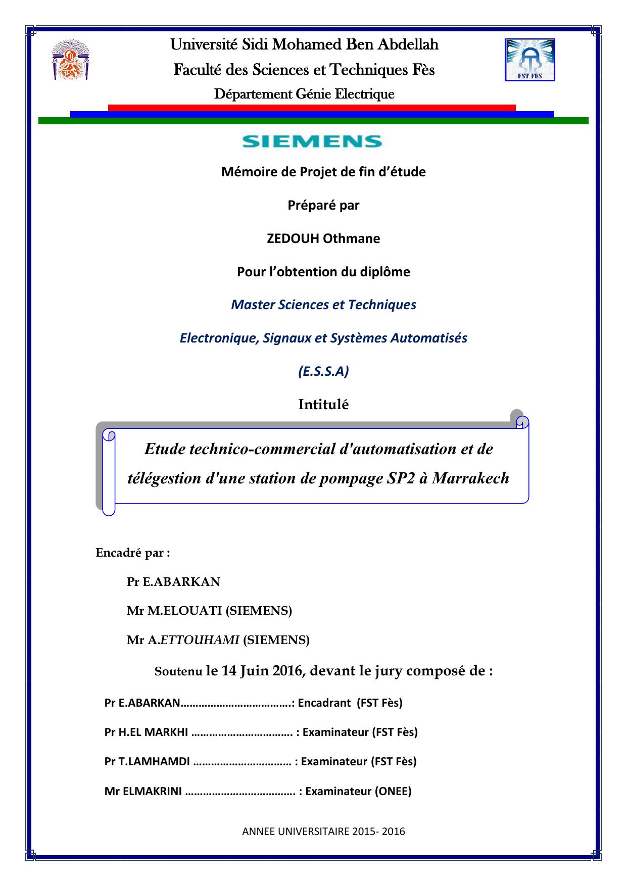 Etude technico-commercial d'automatisation et de télégestion d'une station de pompage SP2 à Marrakech