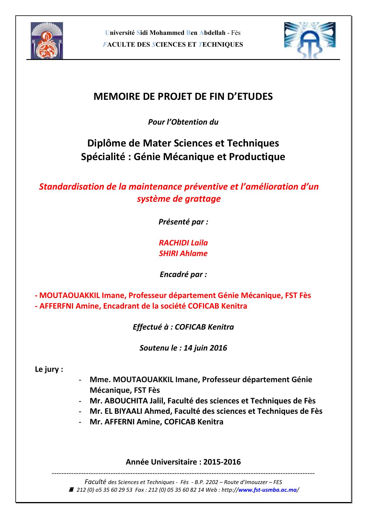 Standardisation de la maintenance préventive et l’amélioration d’un système de grattage