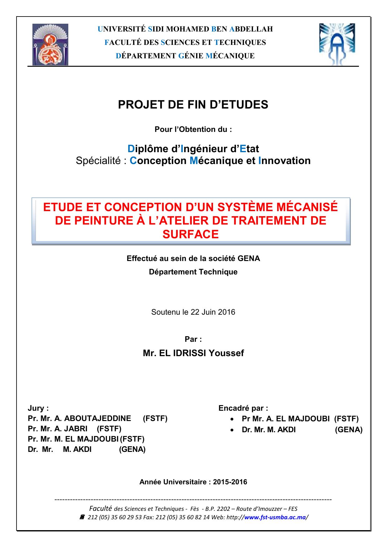 Etude et concéption d'un système mécanisé de peinture à l'atelier de traitement de surface