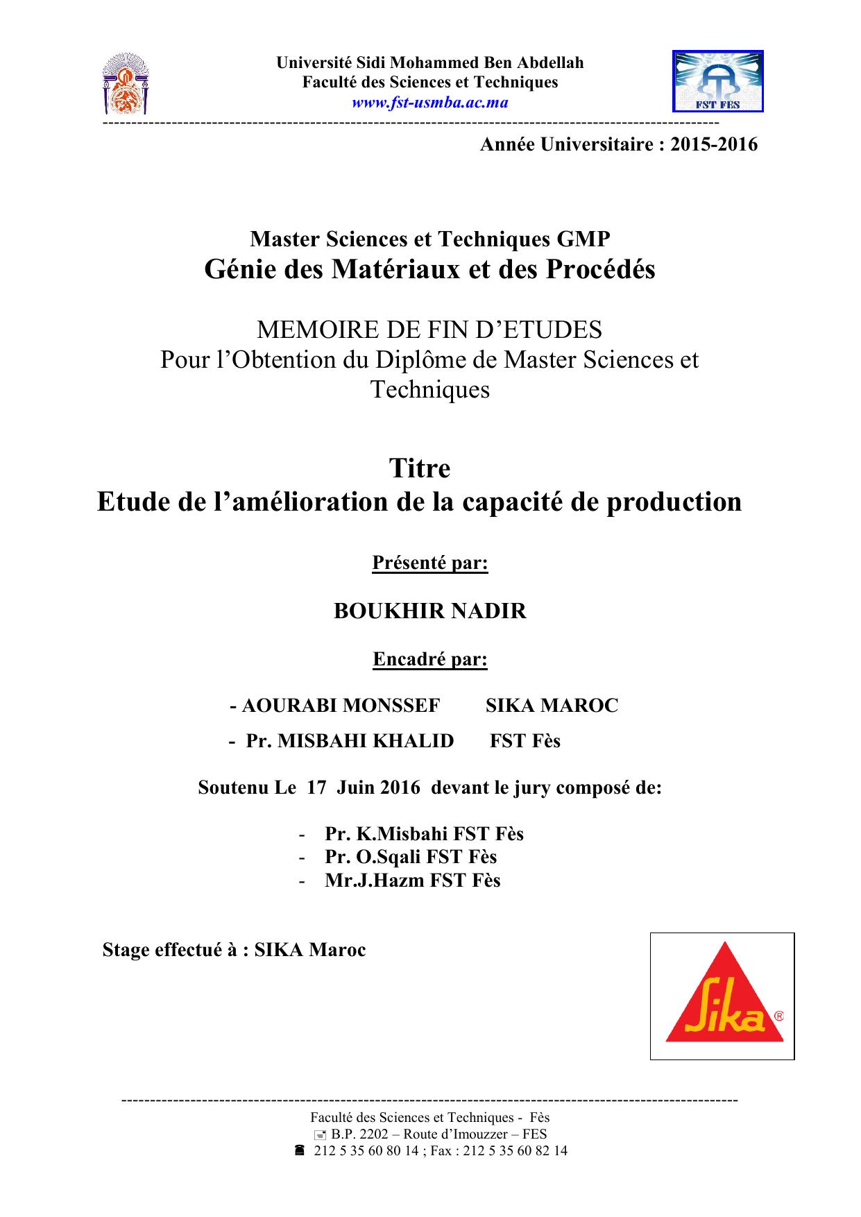 Etude de l’amélioration de la capacité de production