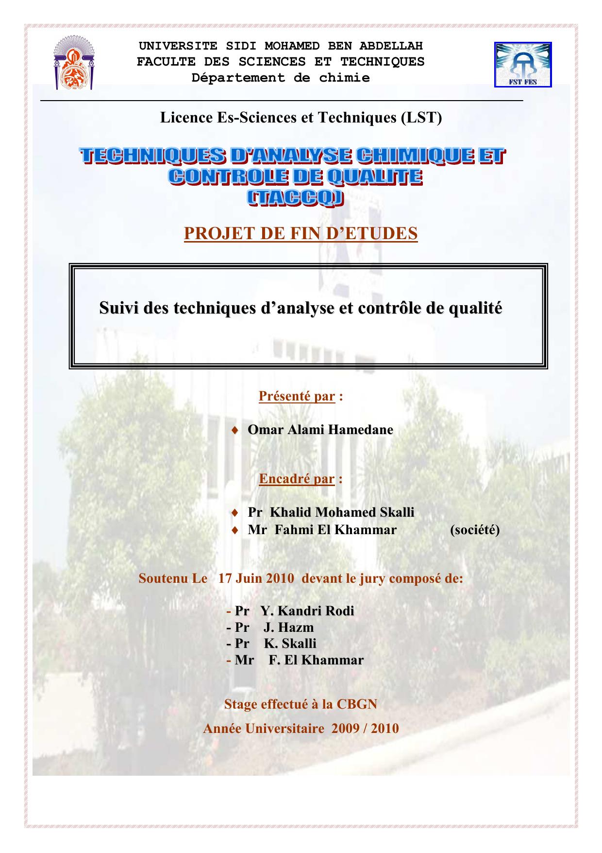 Suivi des techniques d’analyse et contrôle de qualité