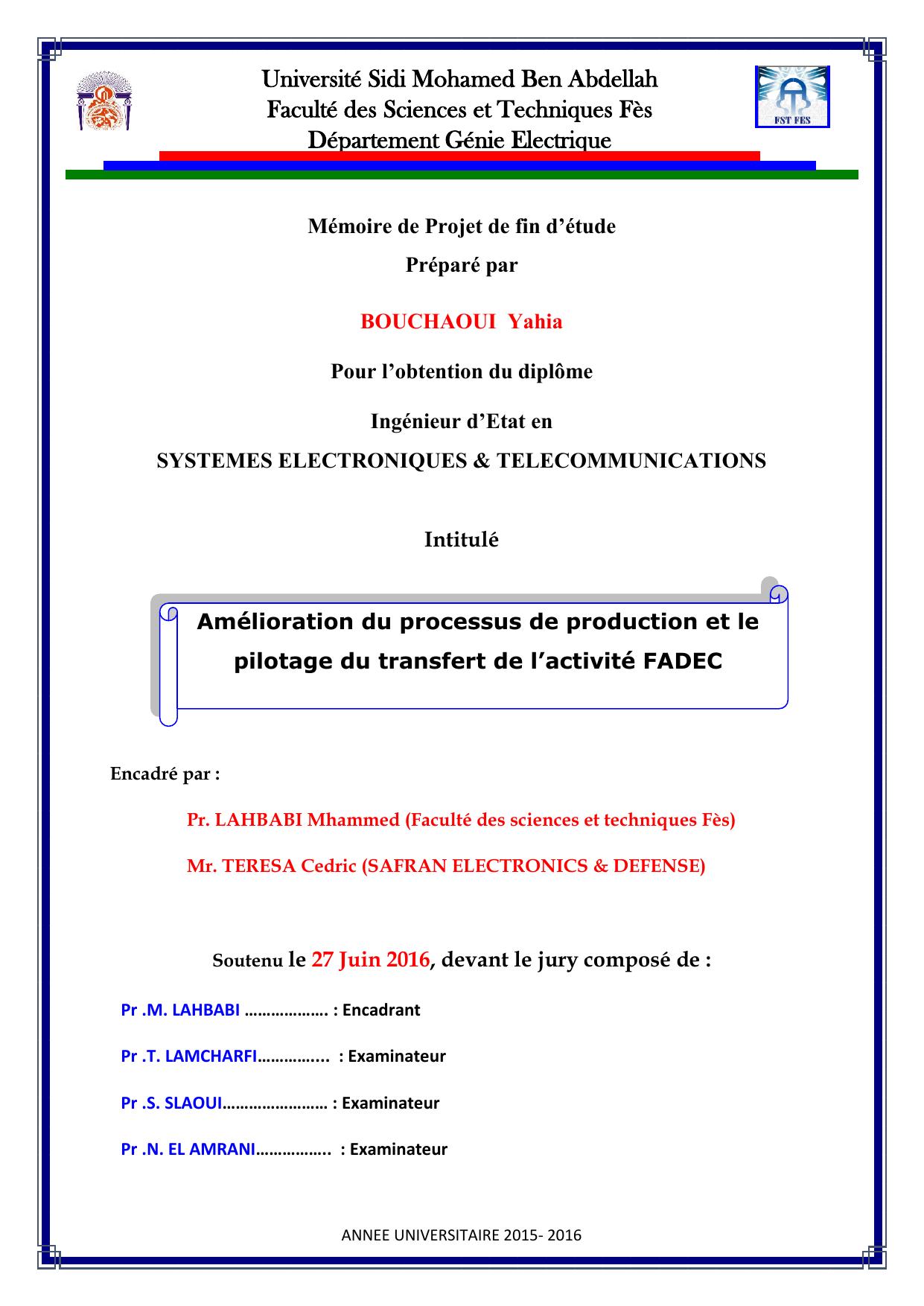 Amélioration du processus de production et le pilotage du transfert de l’activité FADEC