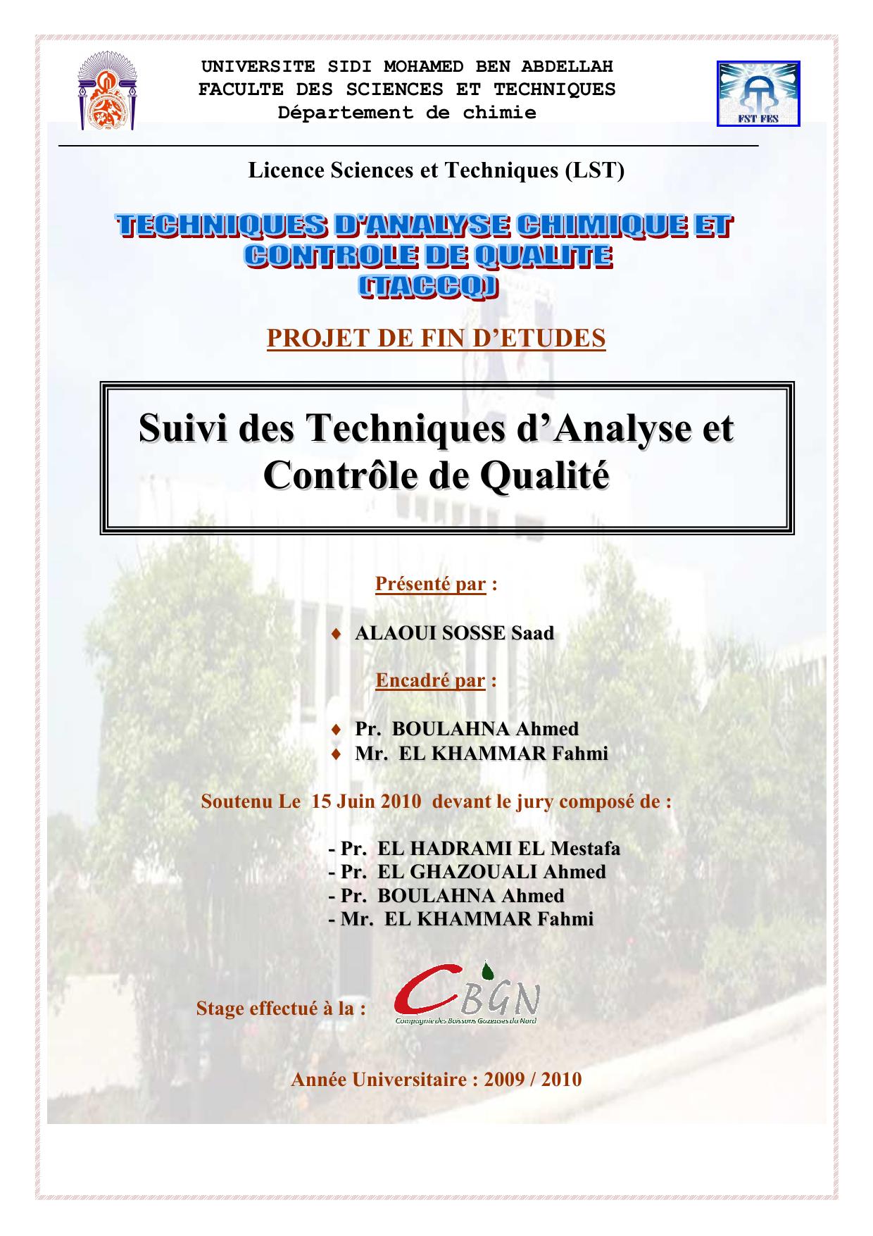 Suivi des Techniques d’Analyse et Contrôle de Qualité