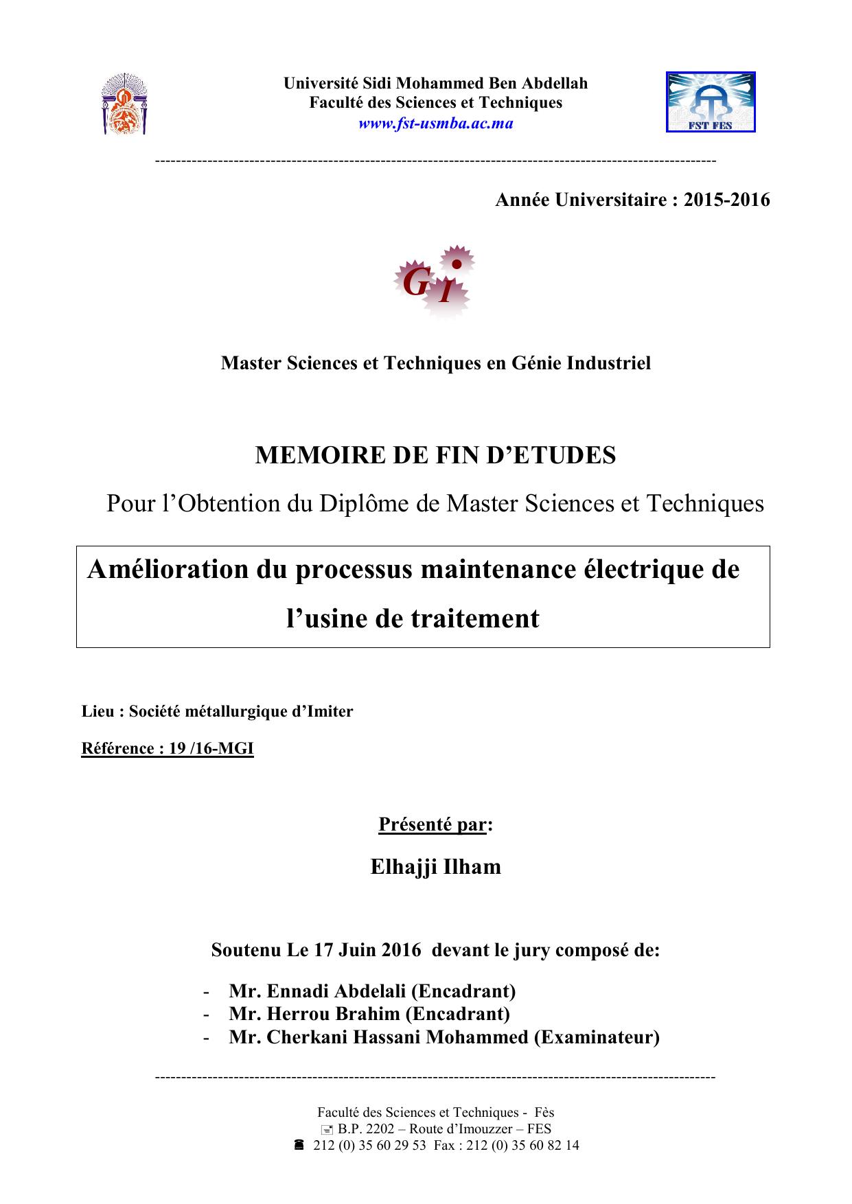 Amélioration du processus maintenance électrique de l’usine de traitement