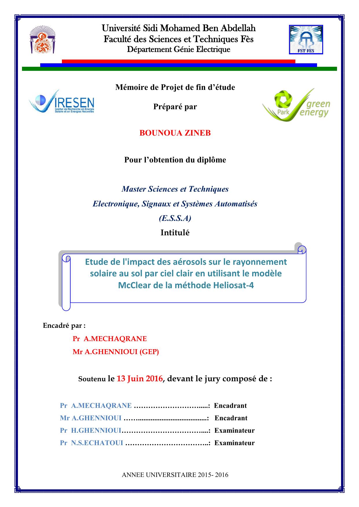 Etude de l'impact des aérosols sur le rayonnement solaire au sol par ciel clair en utilisant le modèle McClear de la méthode Heliosat-4