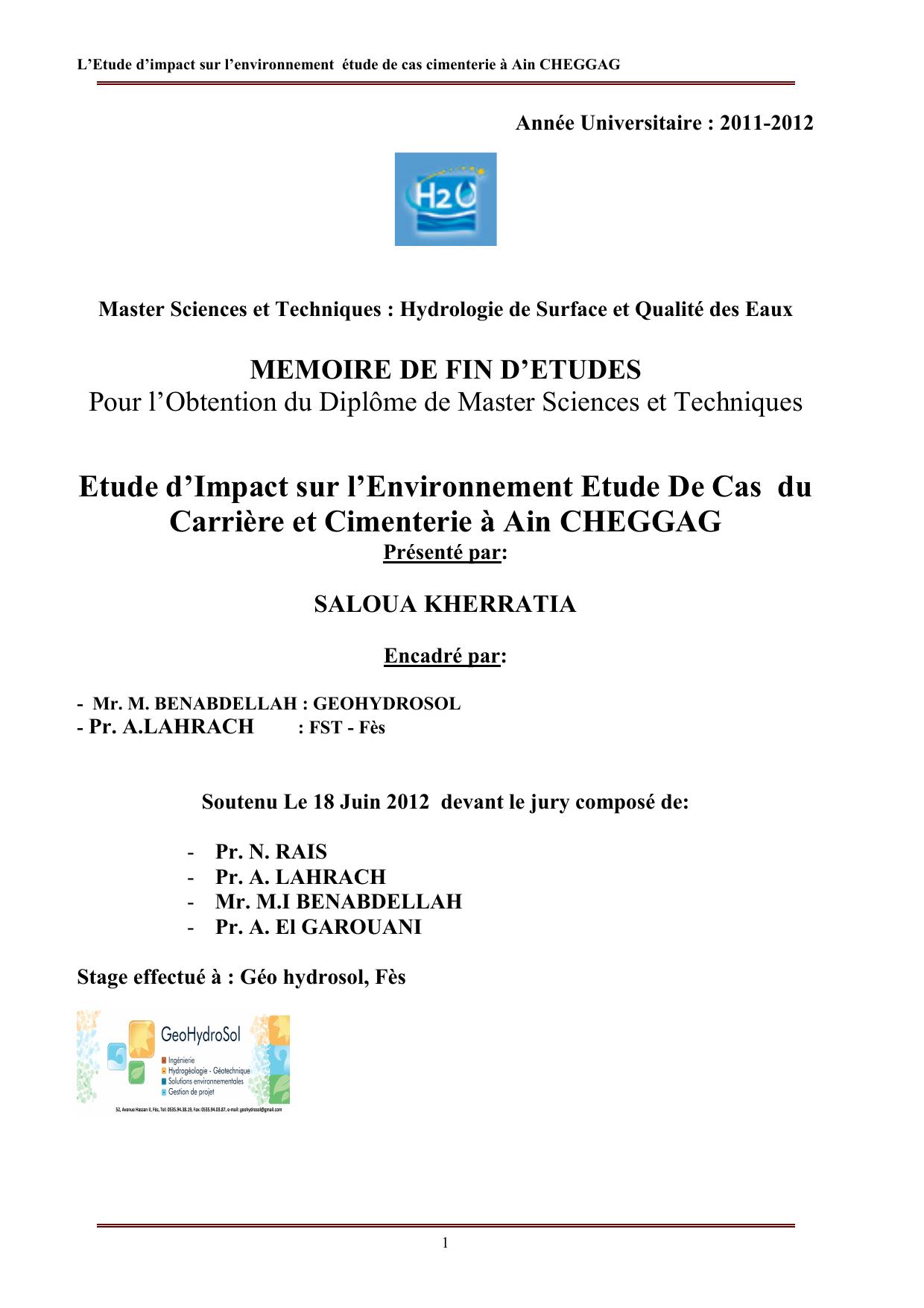 Etude d’Impact sur l’Environnement Etude De Cas du Carrière et Cimenterie à Ain CHEGGAG