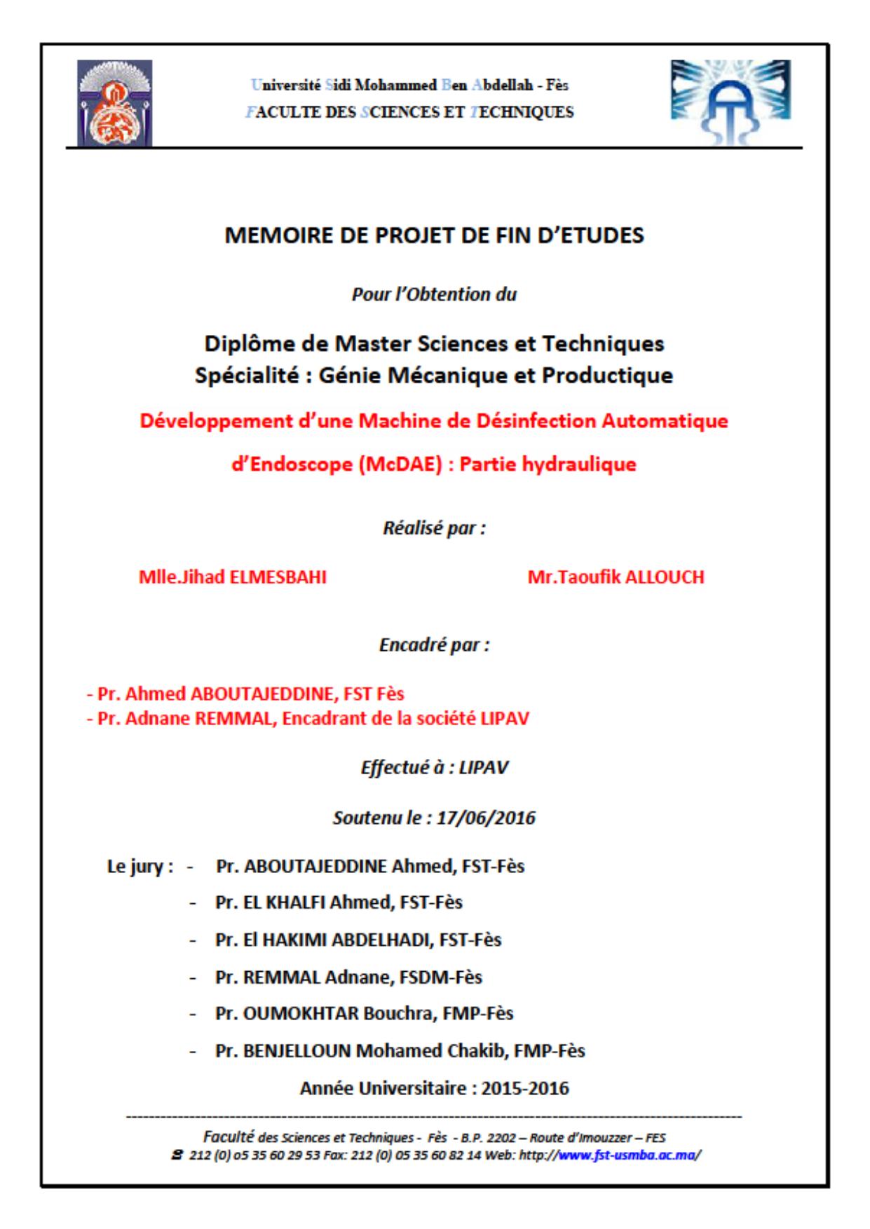 Développement d’une Machine de Désinfection Automatique d’Endoscope (McDAE) Partie hydraulique