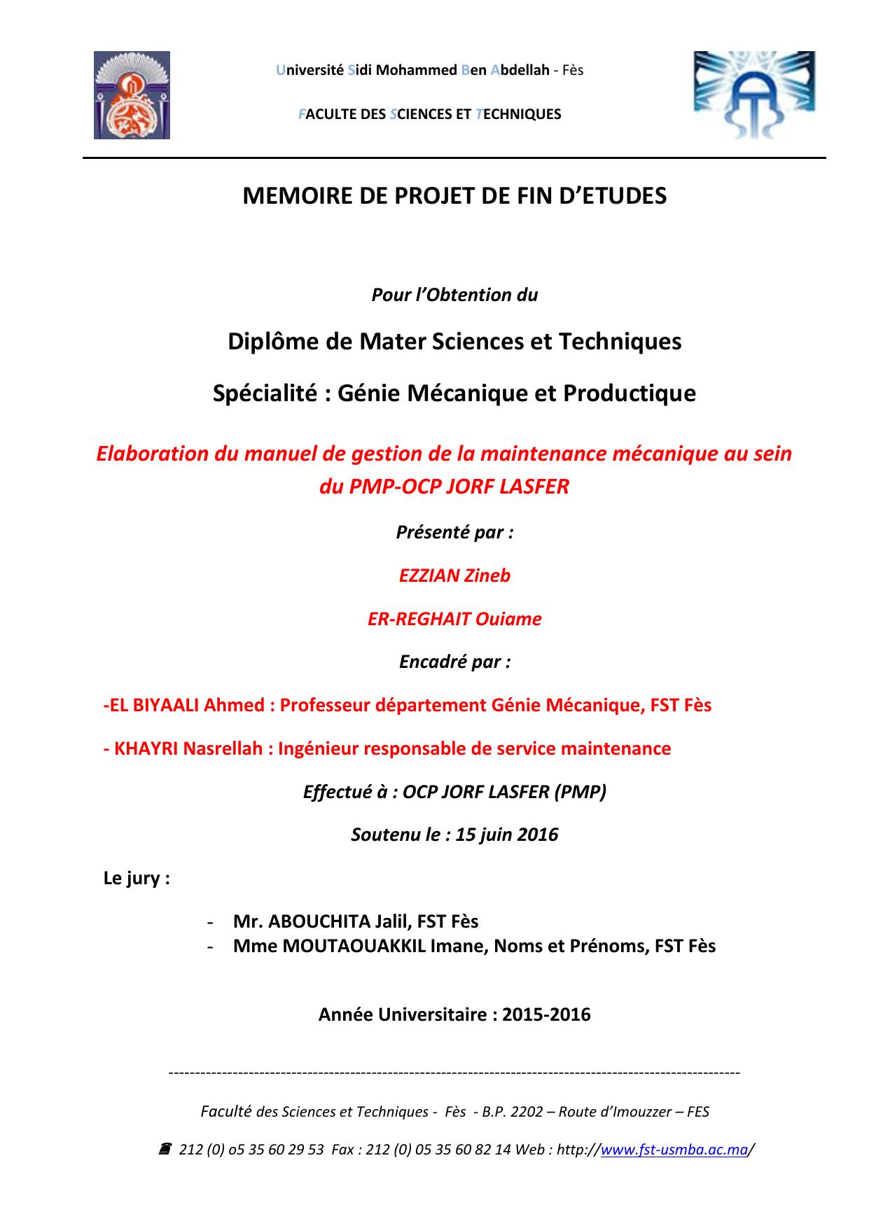 Elaboration du manuel de gestion de la maintenance mécanique au sein du PMP-OCP JORF LASFER