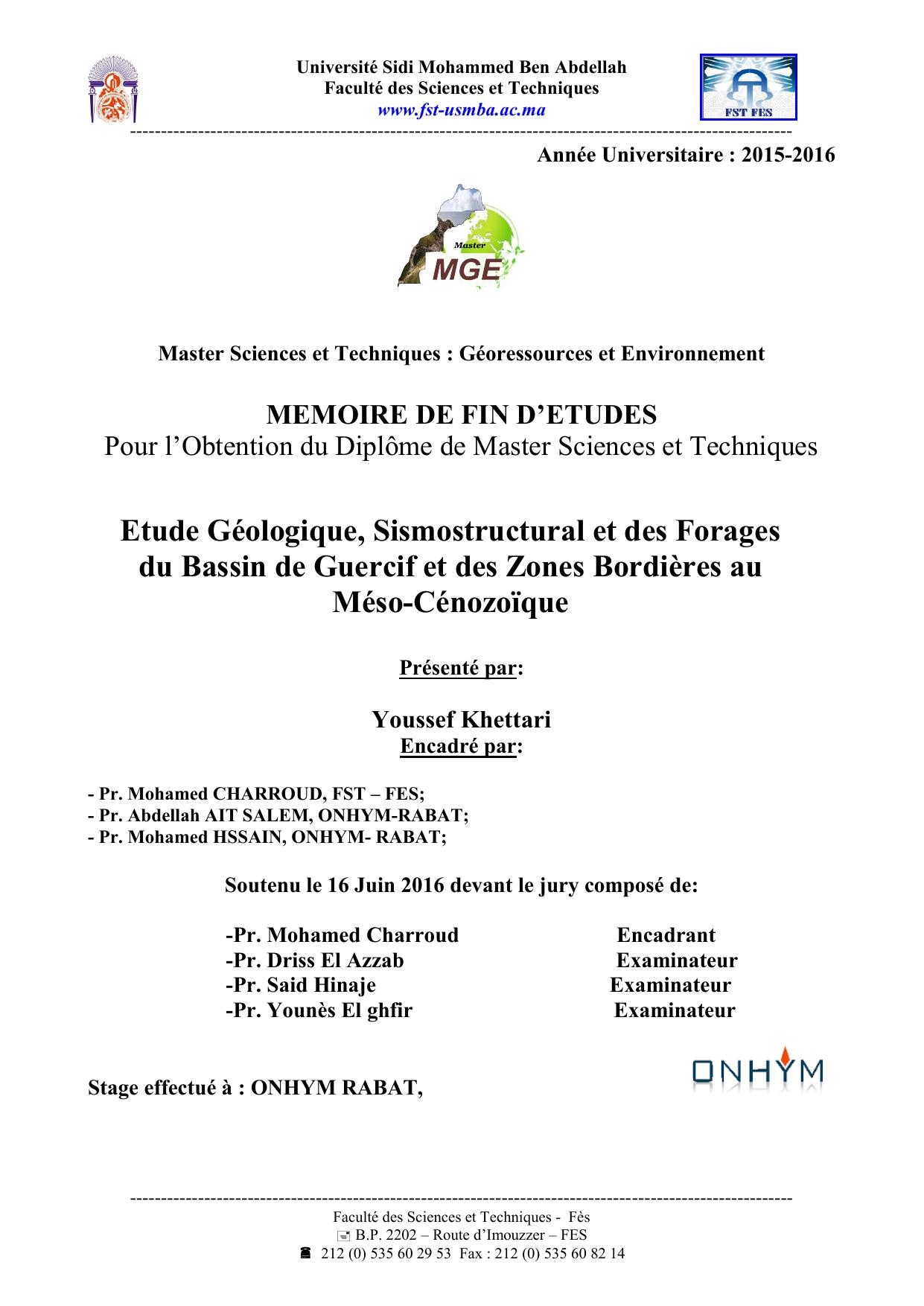 Etude Géologique, Sismostructural et des Forages du Bassin de Guercif et des Zones Bordières au Méso-Cénozoïque