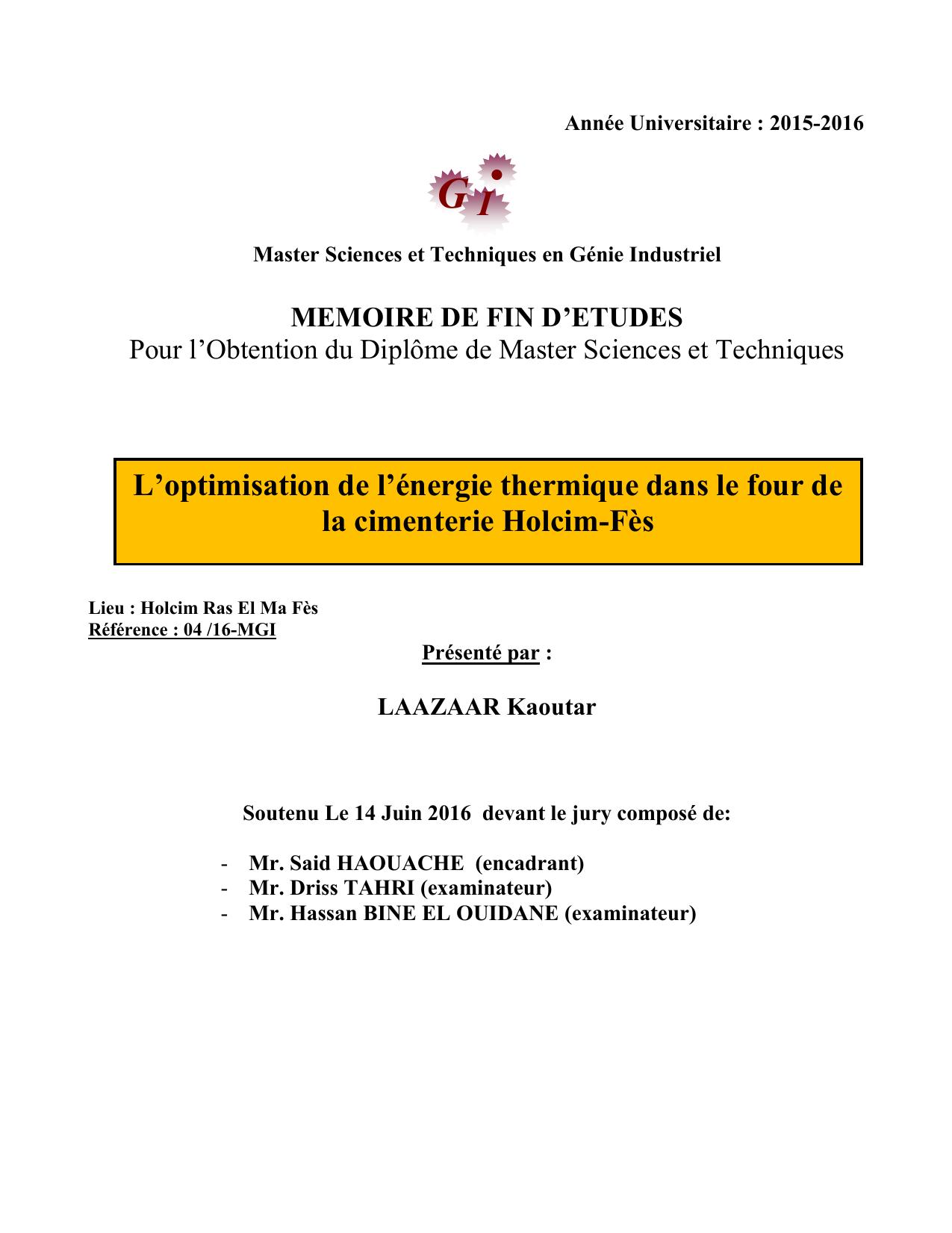 L’optimisation de l’énergie thermique dans le four de la cimenterie Holcim-Fès