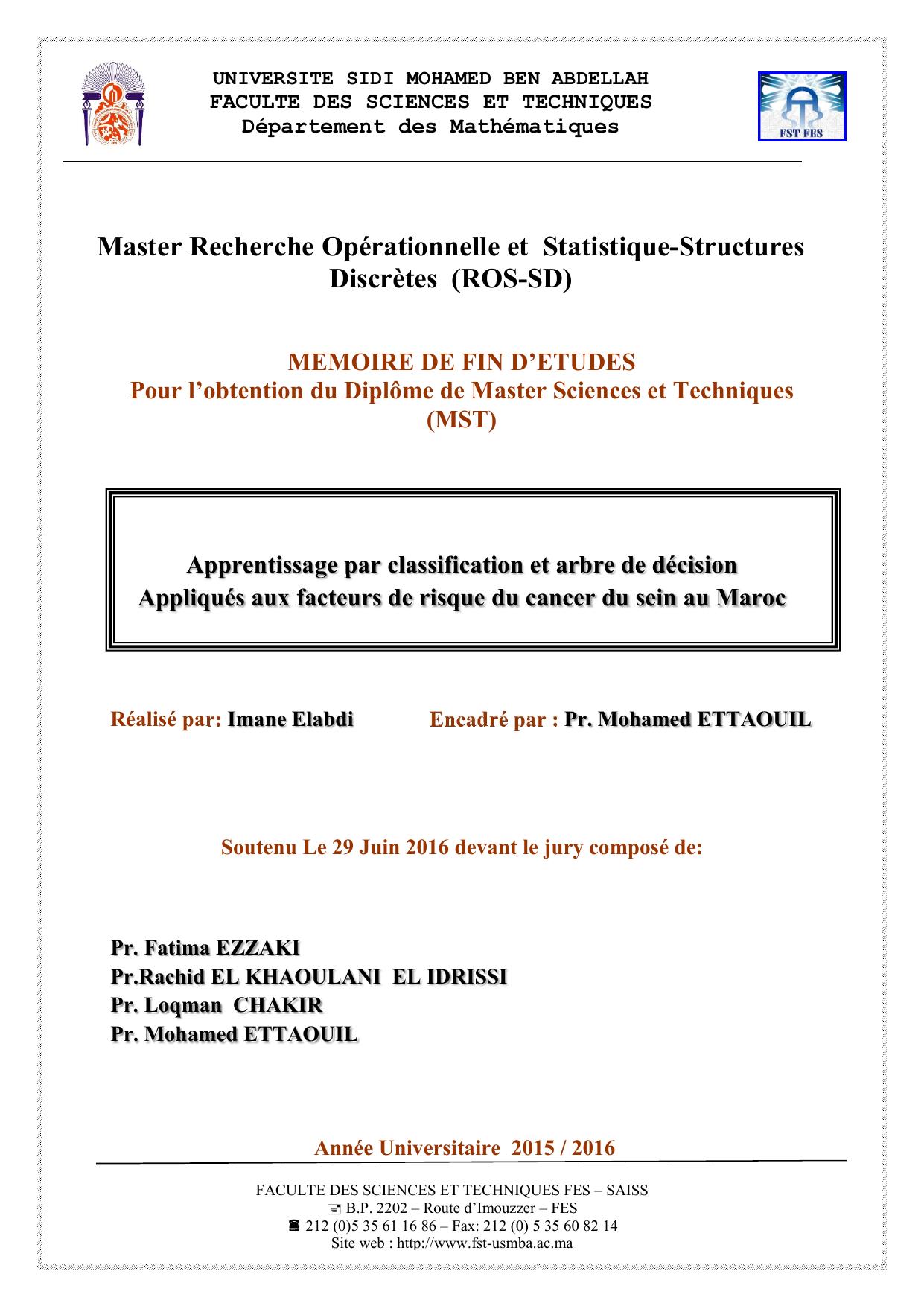 Apprentissage par classification et arbre de décision Appliqués aux facteurs de risque du cancer du sein au Maroc