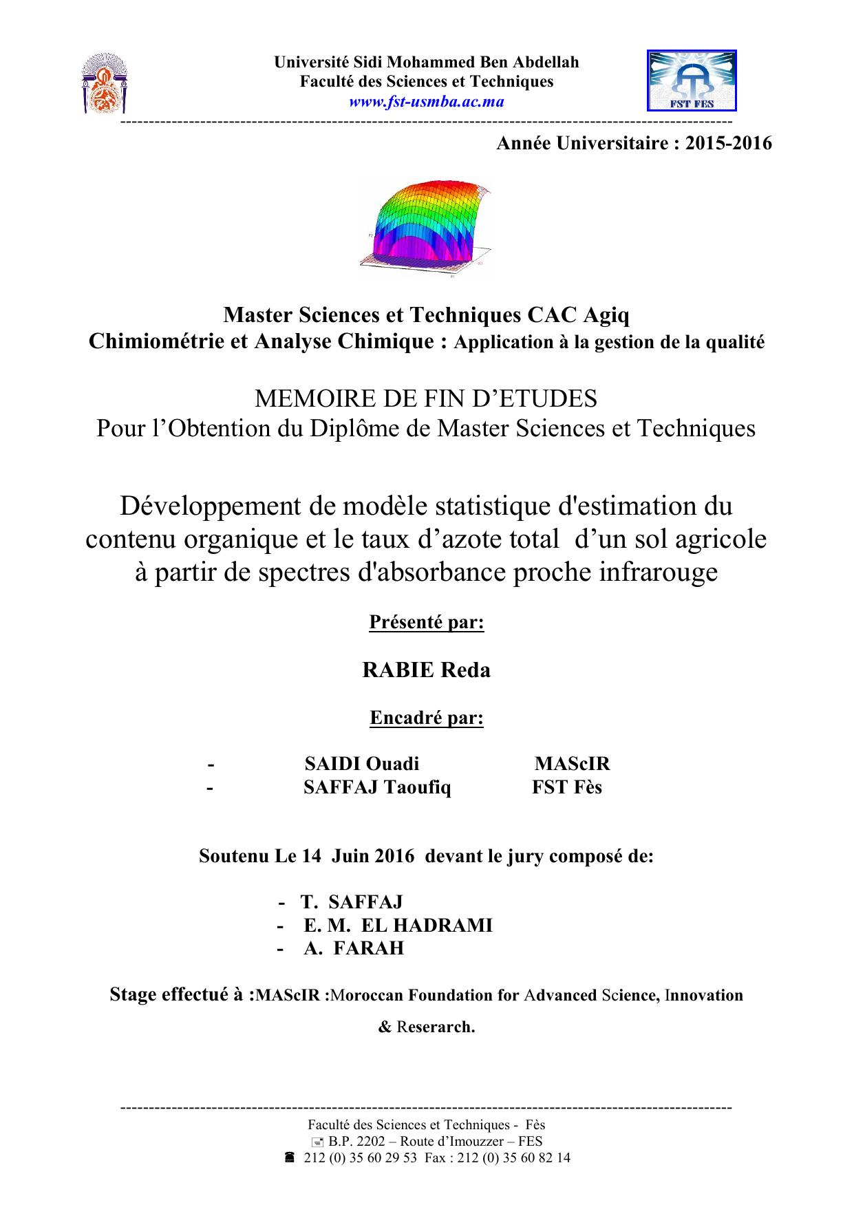 Développement de modèle statistique d'estimation du contenu organique et le taux d’azote total d’un sol agricole à partir de spectres d'absorbance proche infrarouge