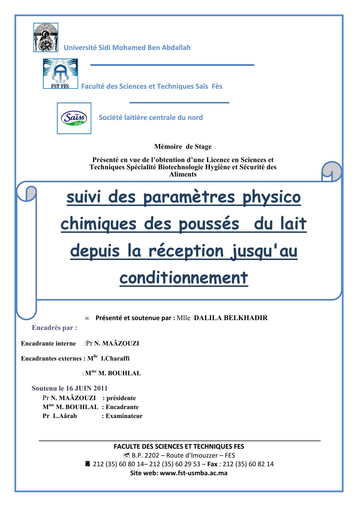 suivi des paramètres physico chimiques des poussés du lait depuis la réception jusqu'a conditionnement