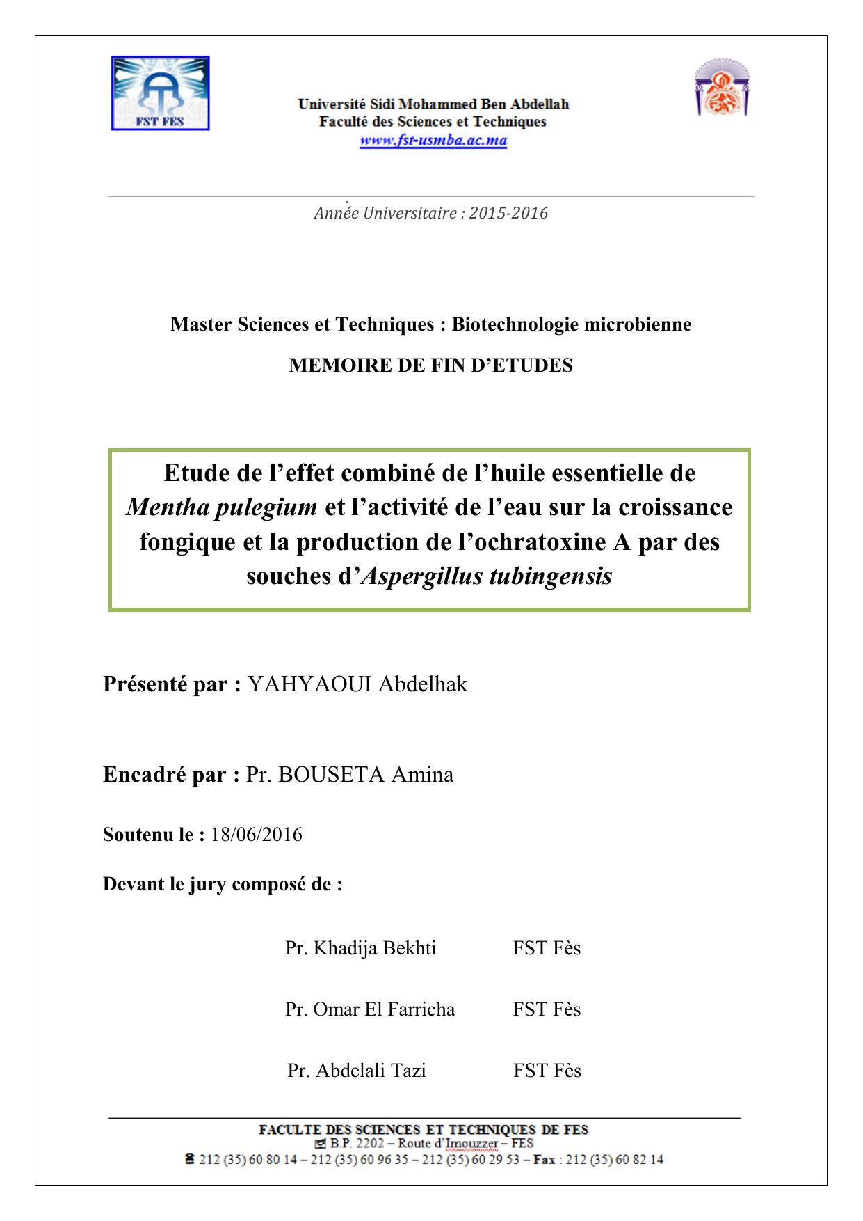 Etude de l’effet combiné de l’huile essentielle de Mentha pulegium et l’activité de l’eau sur la croissance fongique et la production de l’ochratoxine A par des souches d’Aspergillus tubingensis