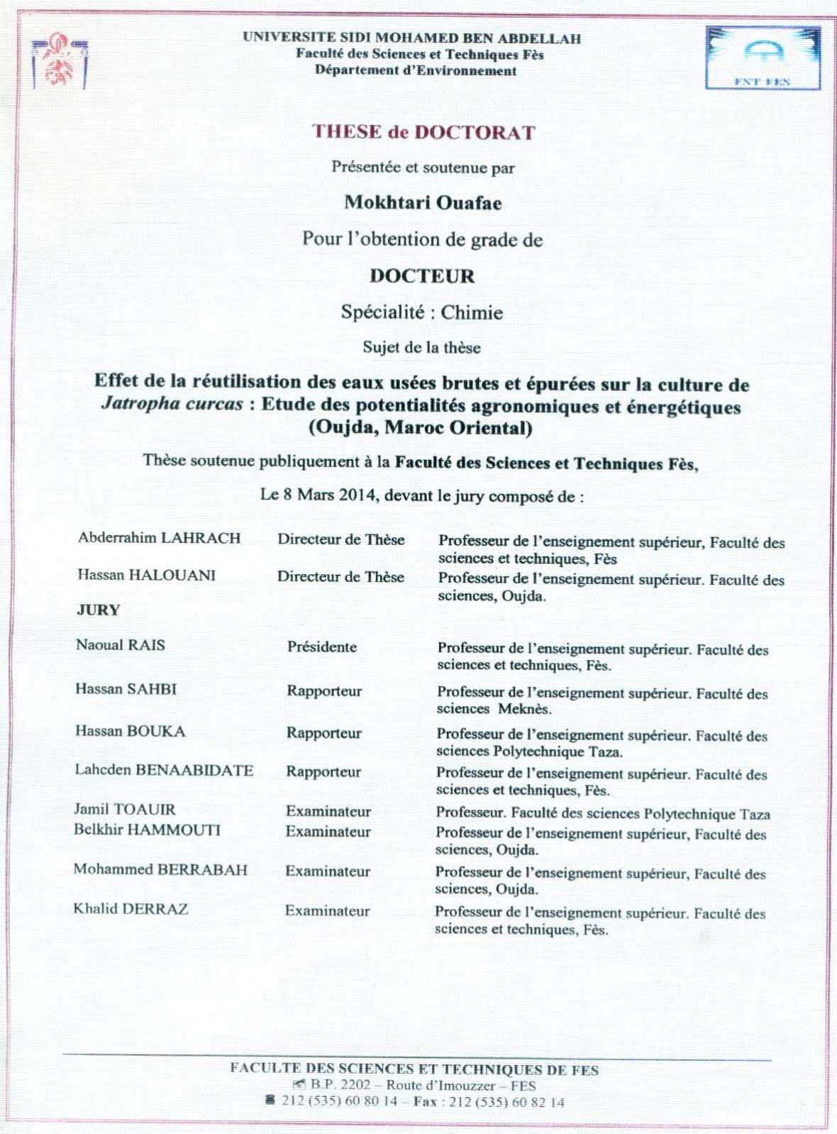 Effet de la réutilisation des eaux usées brutes et épurées sur la culture de Jatropha Curcas: Etude des potentialités agronomiques et énergétiques (Pujda, Maroc Oriental)