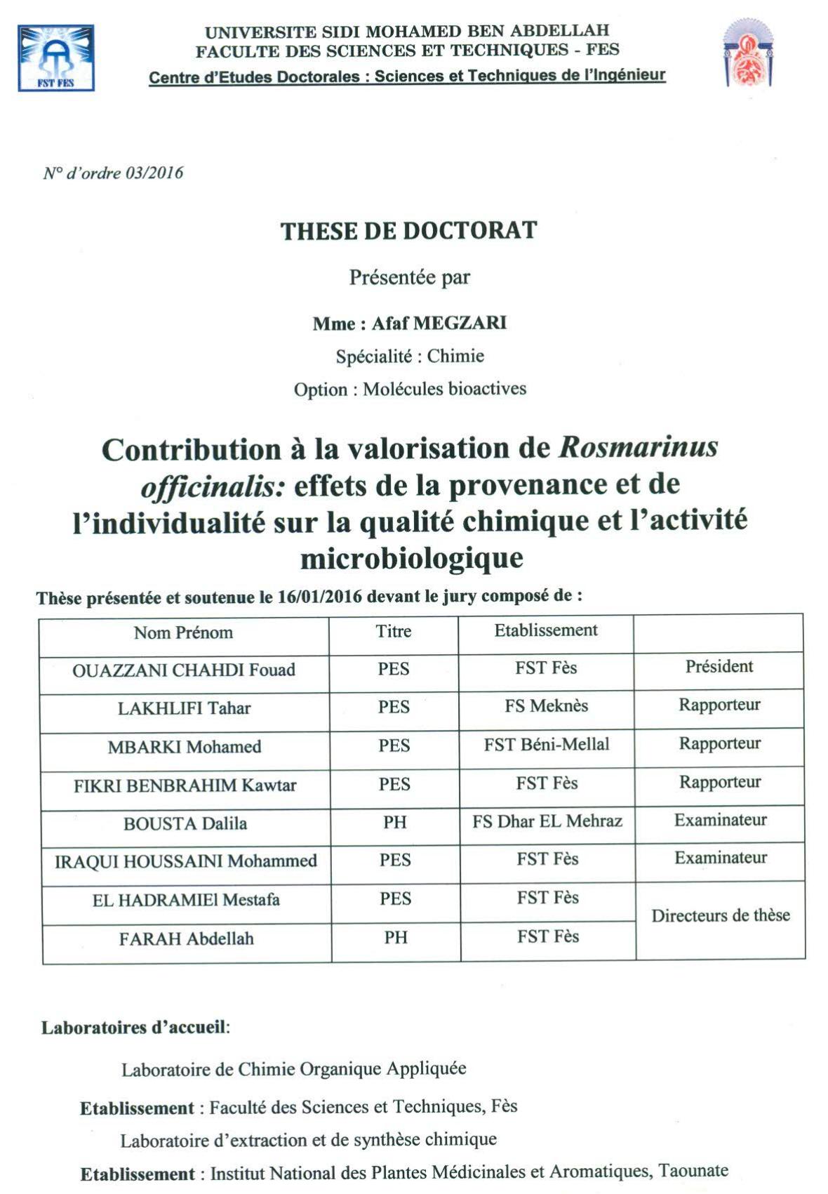 Contribution à la valorisation de Rosmarinus Officinalis: Effets de la provenance et l'individualité sur la qualité chimique et l'activité microbiologique