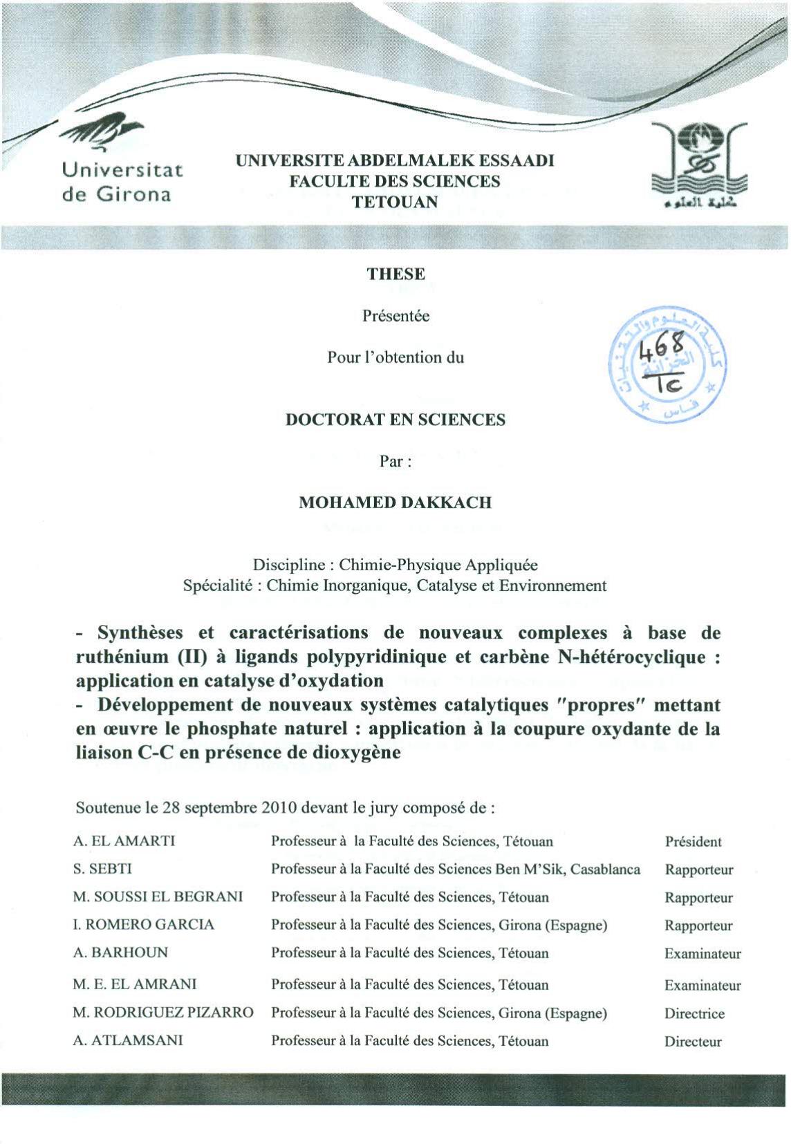 Synthèse et caractérisation de nouveaux complexes à base de ruthénium (II) à ligands ploypyridinique et carbène N-hétérocyclique: application en catalyse d'oxydation - Développement de nouveaux systèmes catalyses "Propres" mettant en oeuvre le phosphate naturel: application à la coupure oxydante de la liaison C-C en présence de dioxygène