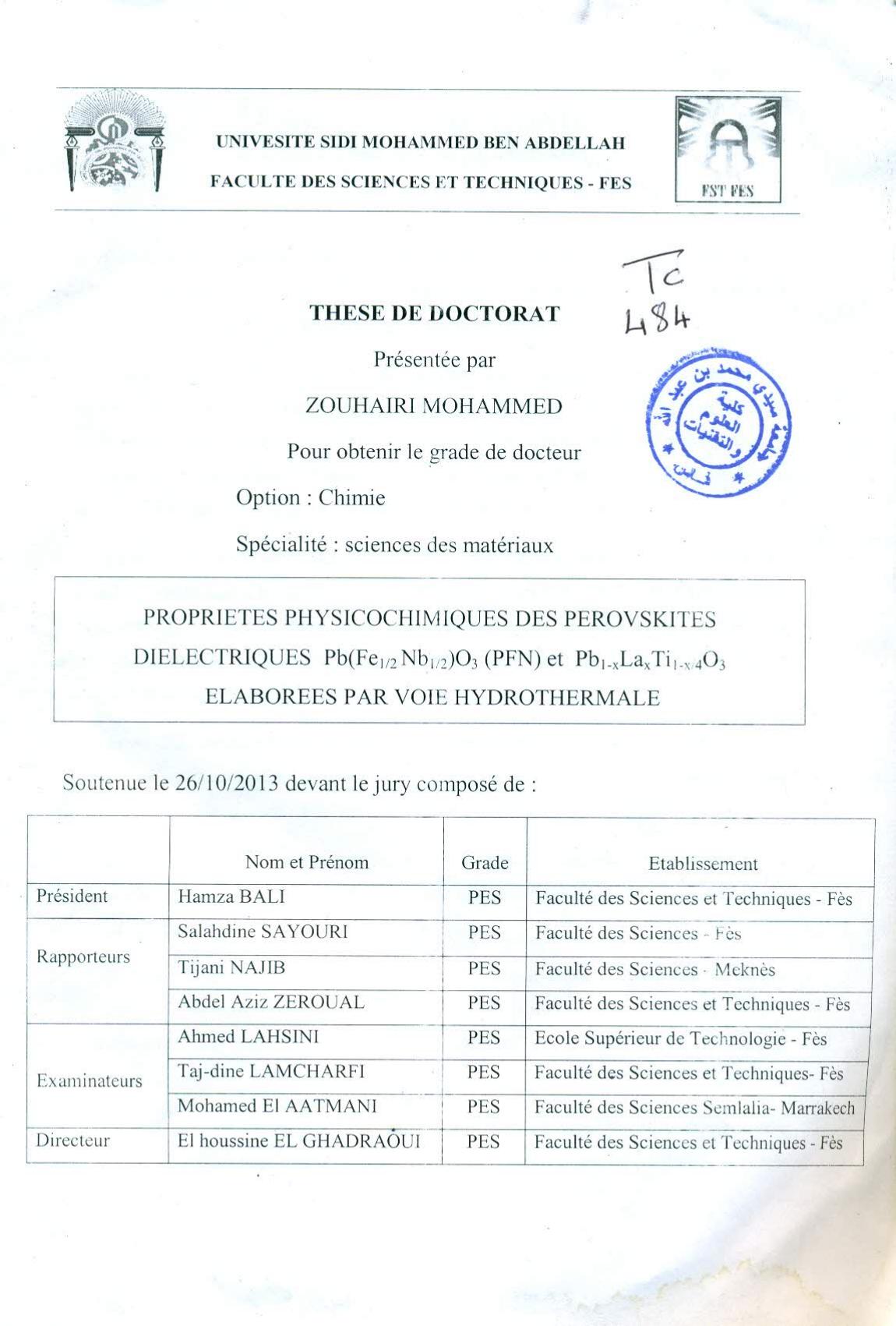 Propriétés physiochimiques des Perovskites Diélectriques Pb(Fe1/2 Nb1/2) O3 (PFN) et Pb1-x LaxTi1-x4O3 élaborées par voie hydrothermale