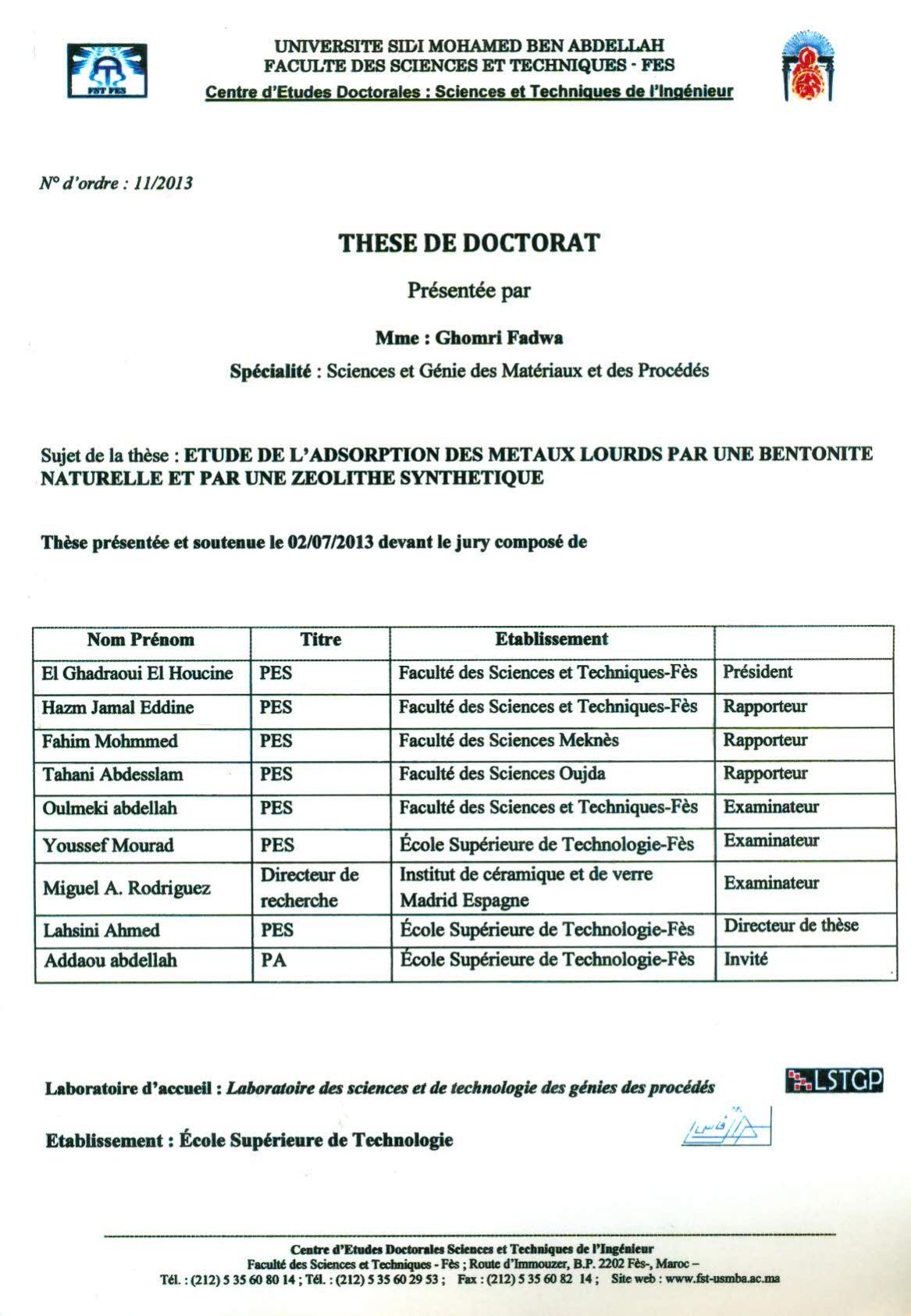 Etude de l'adsorption des métaux lourds par une bentonite naturelle et par une zeolithe synthétique