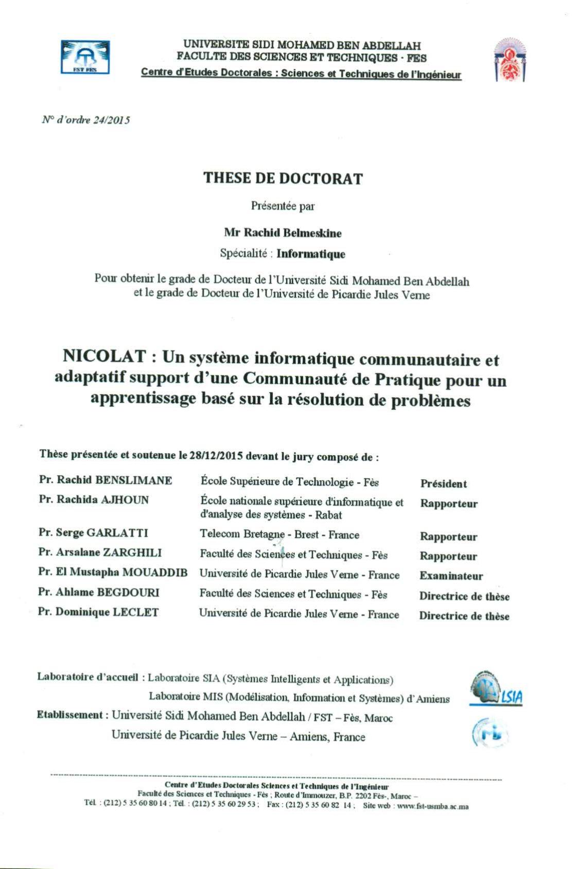 NICOLAT: Un système informatique communautaire et adaptatif support d'une communauté de pratique pour un apprentissage basé sur la résoltion de problèmes