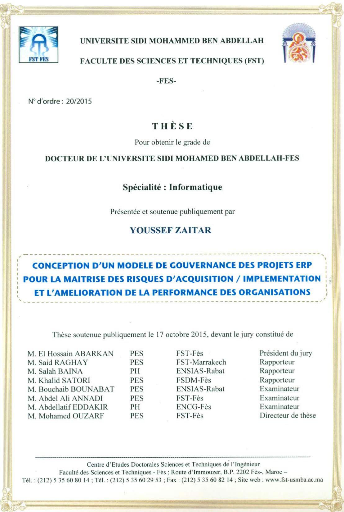 Conception d'un modèle de gouvernance des projets ERP pour la maitrise des risques d'acquisition/ implémentation et l'amélioration de la performance des organisations