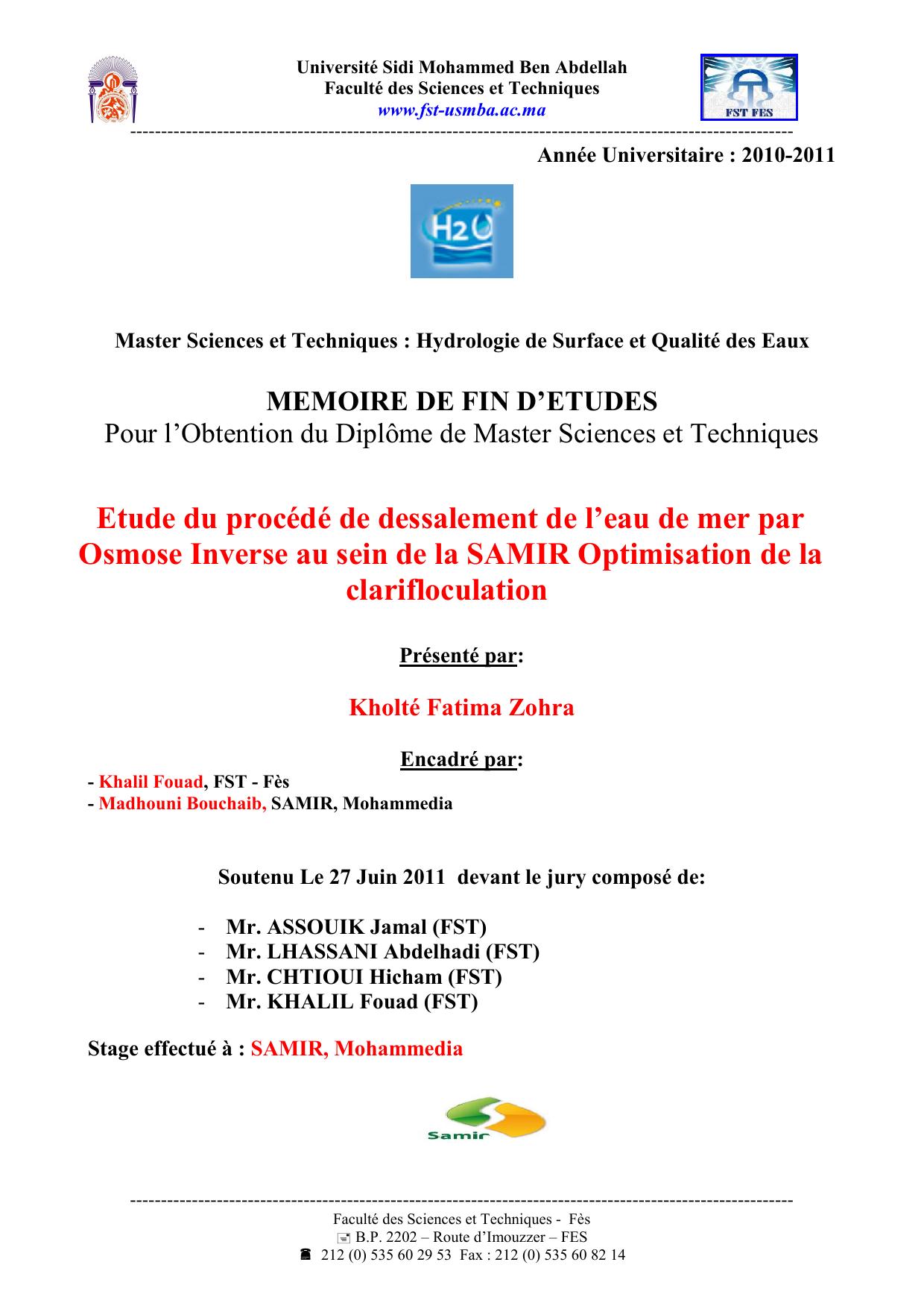 Etude du procédé de dessalement de l’eau de mer par Osmose Inverse au sein de la SAMIR Optimisation de la clarifloculation