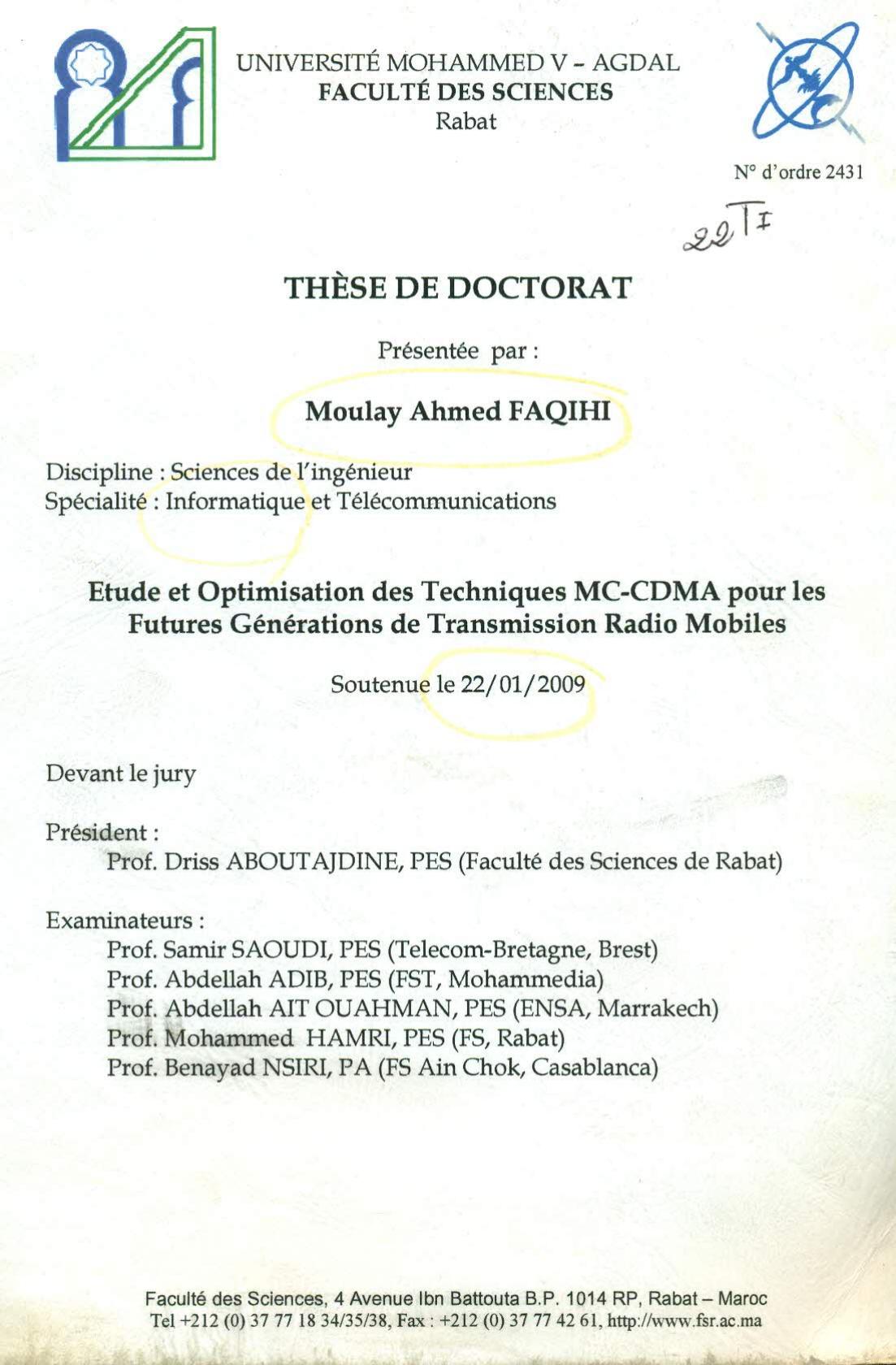 Etude et Optimisation des Techniques MC-CDMA pour les futures Générations de Transmission Radio Mobiles