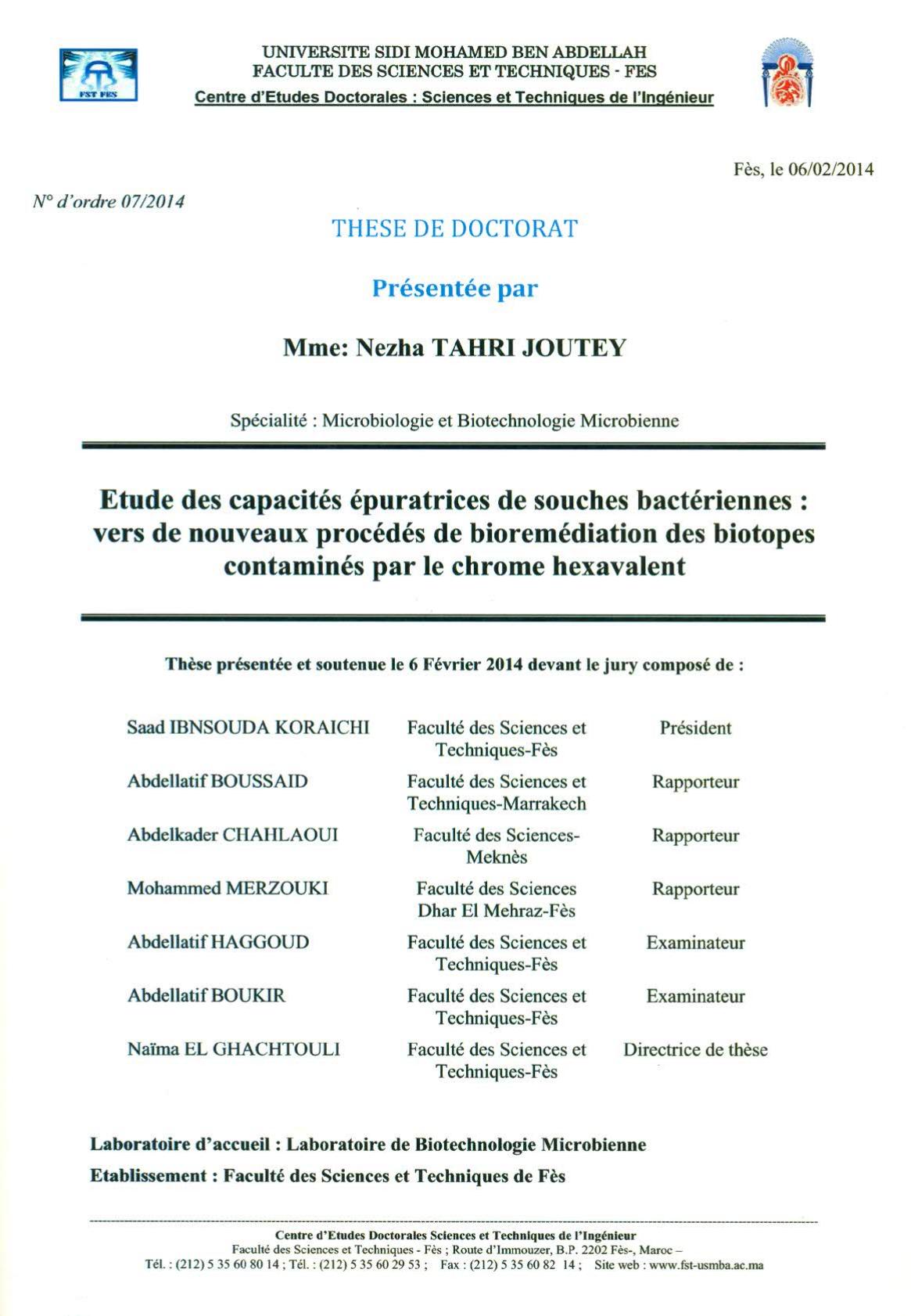 Etude des capacités épuratrices de souches bactérienne: vers de nouveaux procédés de bioremédiation des biotopes contaminés par le chrome hexavalent