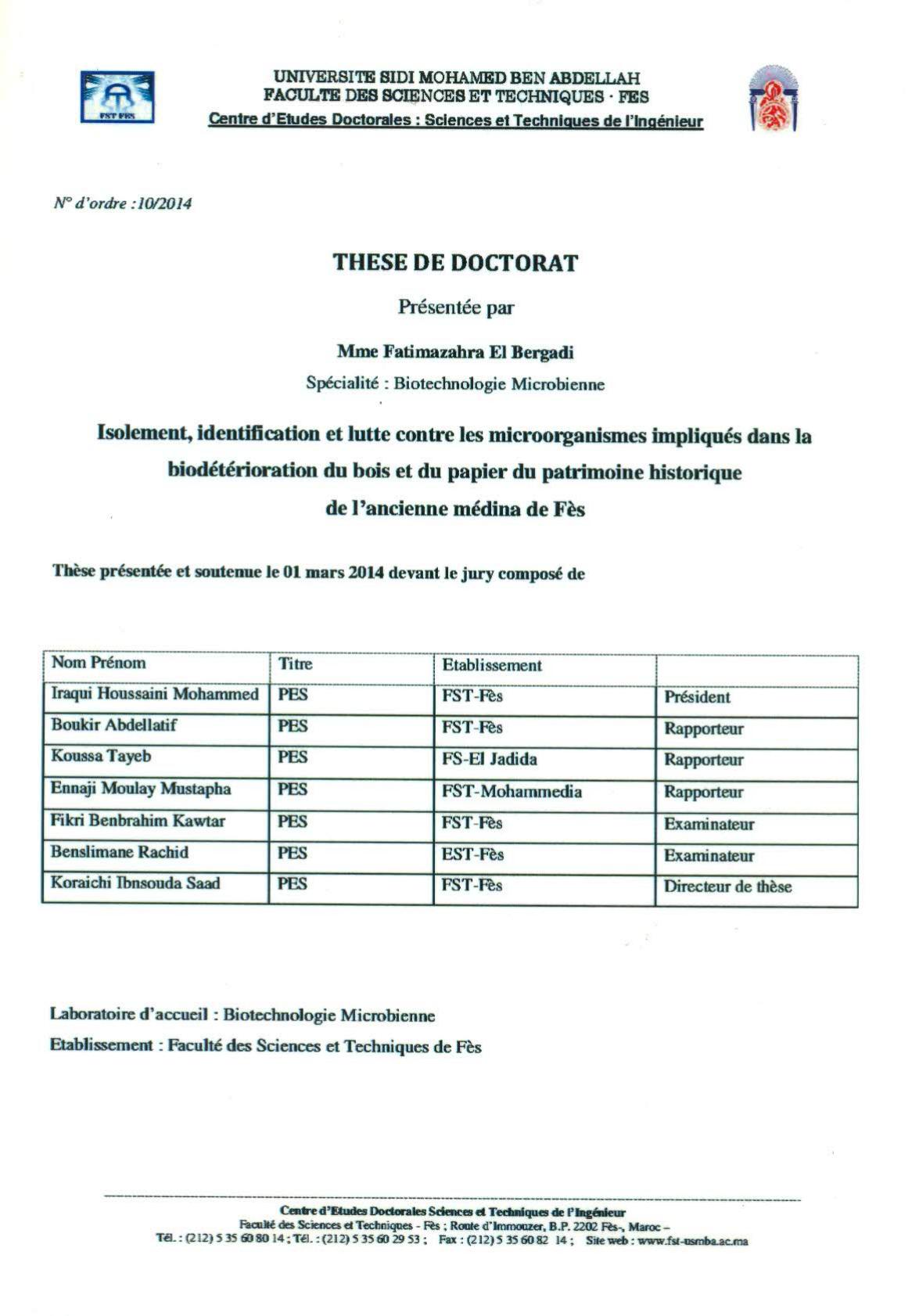 Isolement, identification et lutte contre les microoganismes impliqués dans la biodétérioration du bois et du papier du patrimoine historique de l'ancienne Médina de Fès