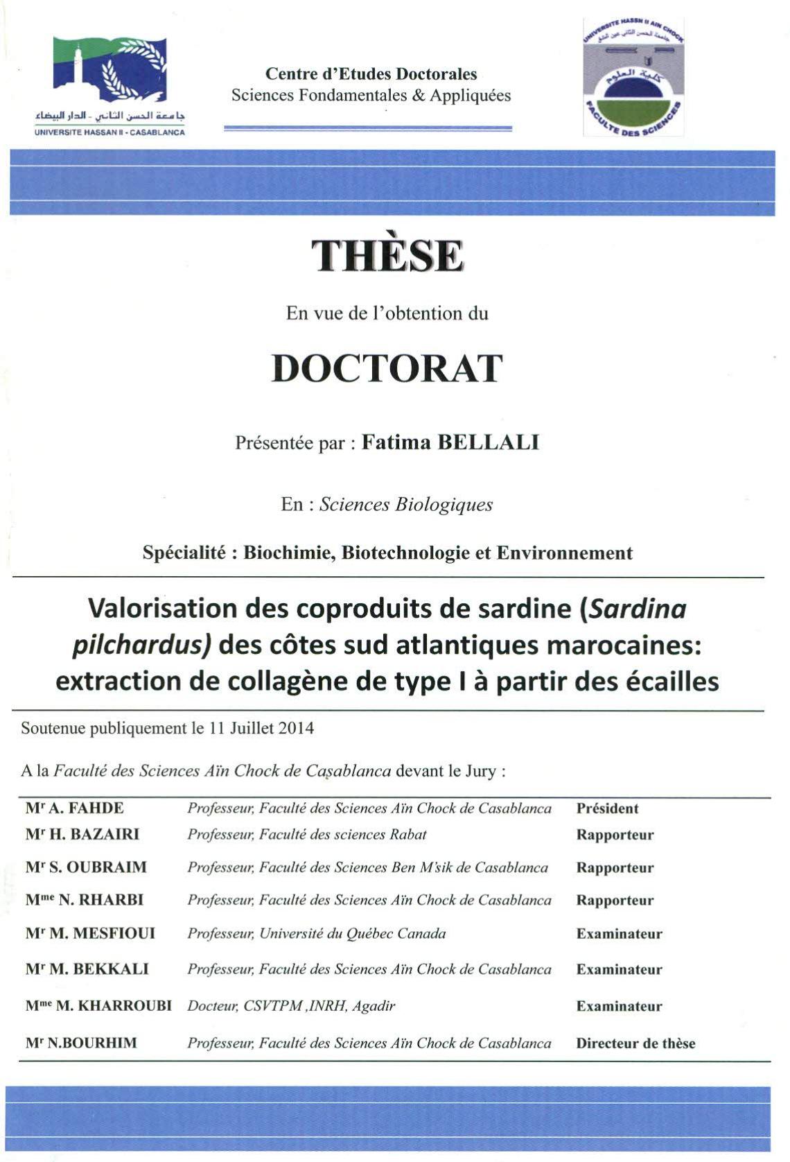 Valorisation des coproduits de Sardine (Sardina Pilchardus) des côtes sud atlantiques marocaines: extraction de collagène de type I à partir des écailles