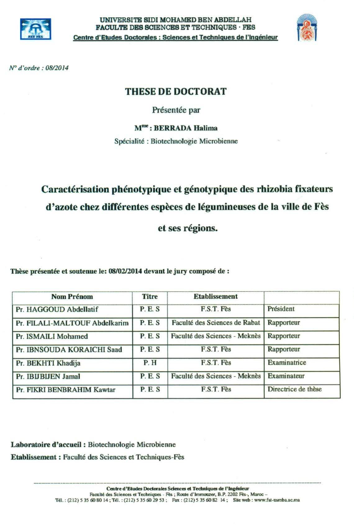 Caractérisation phénotypique et génotypique des rhizobia fixateurs d'azote chez différentes espèces de légumineuses de la ville de Fès et ses régions