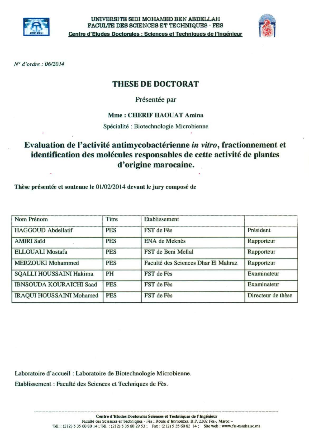 Evaluation de l'activité antimycobactérienne in vitro, fractionnement et identification des molécules responsables de cette activité de plantes d'origine marocaine