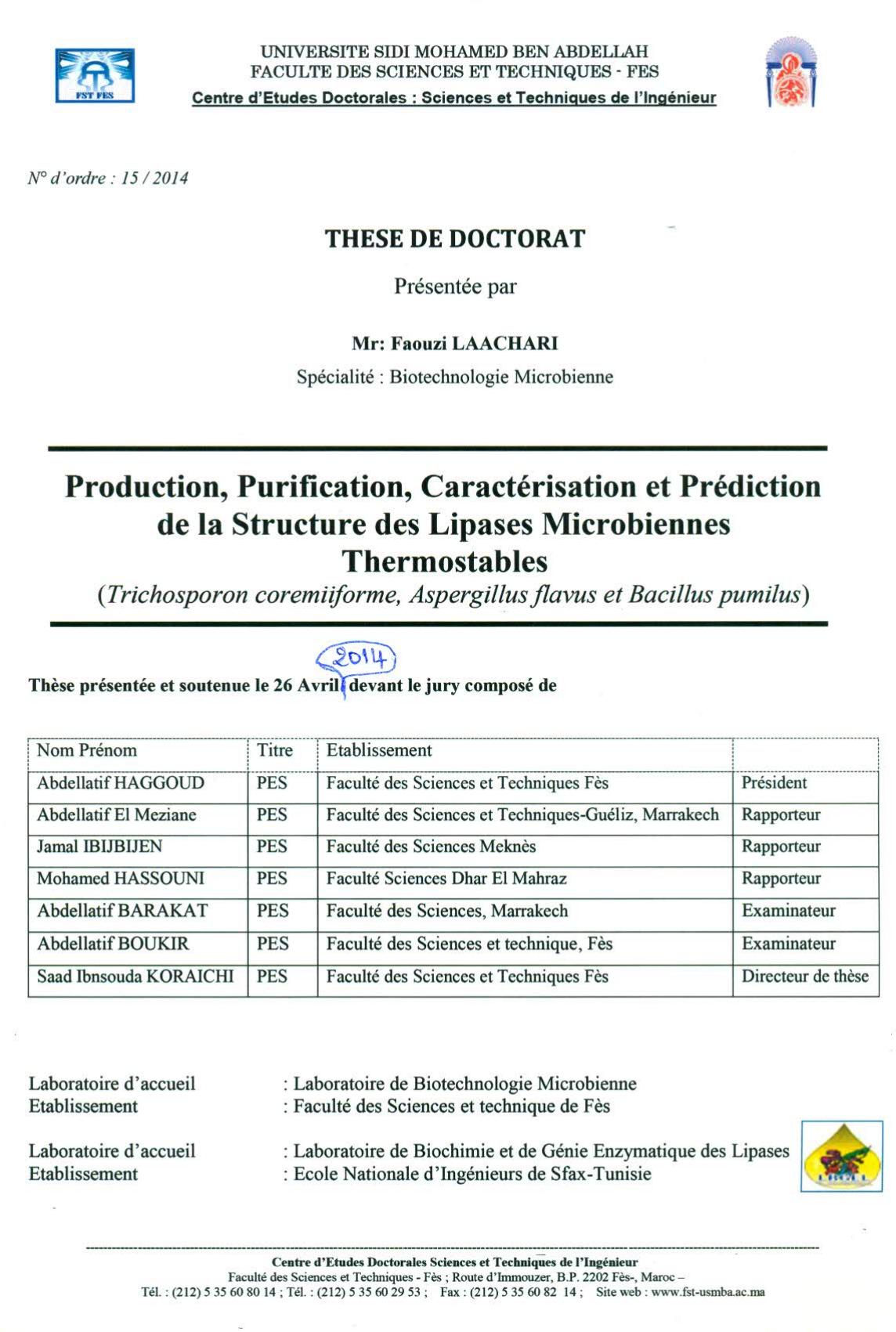 Production, Purification, Caractérisation et Prédiction de la Structure des Lipases Microbiennes Thermostables