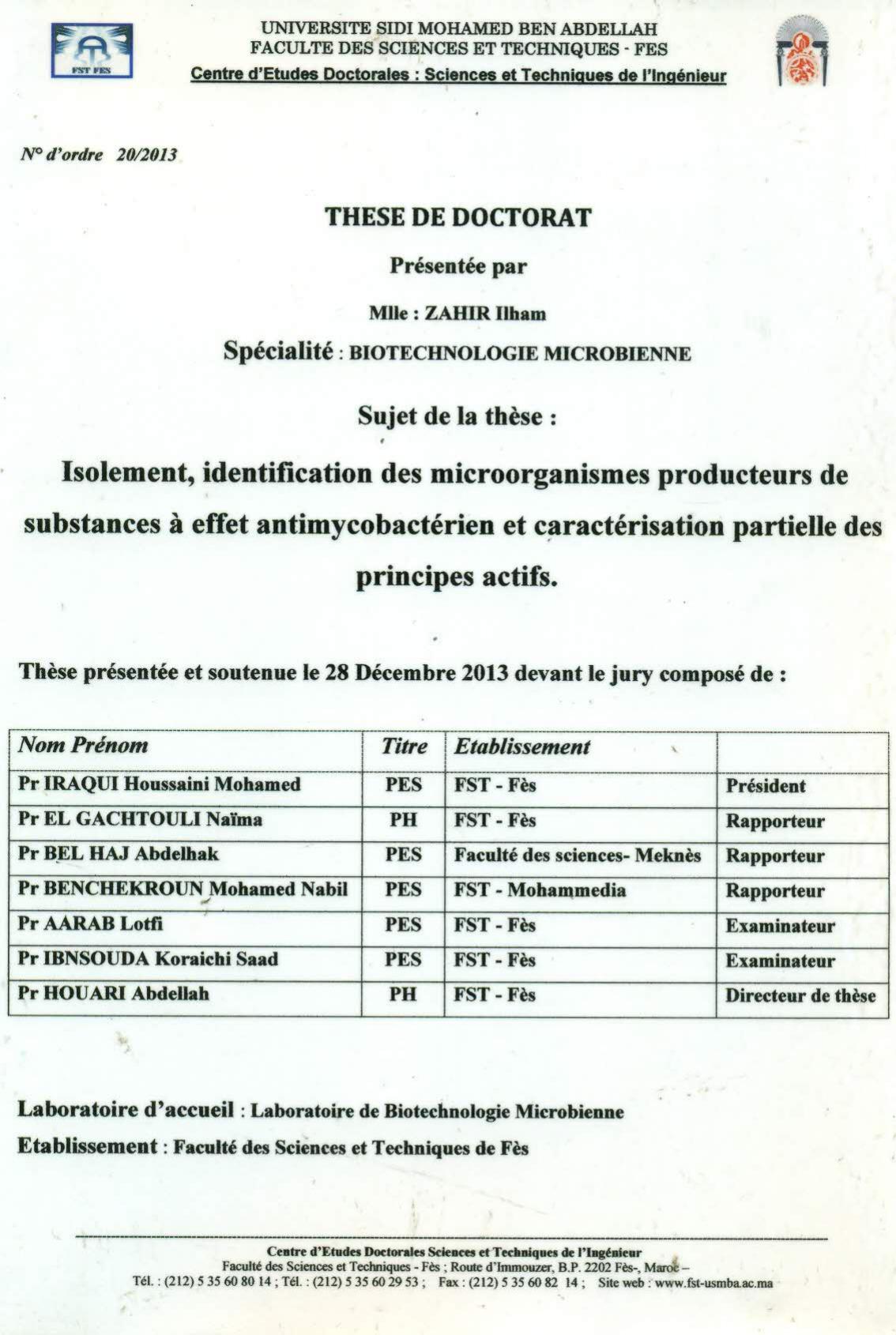 Isolement, identification des microorganismes producteurs de substances à effet antimycobactérien et caractérisation partielle des principes actifs