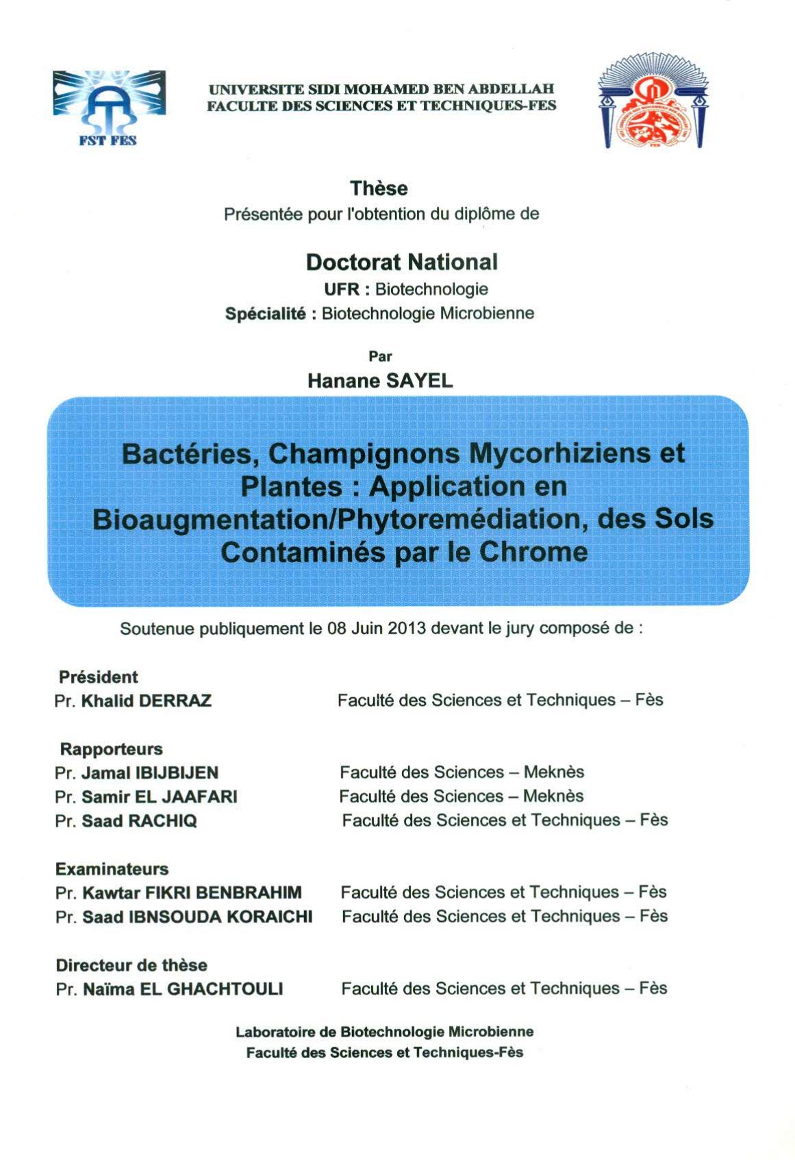 Bactéries, Champignons Mycorhiziens et Plantes: Application en Bioaugmentation/ Phytoremédiation, des Sols Contaminés par le Chrome