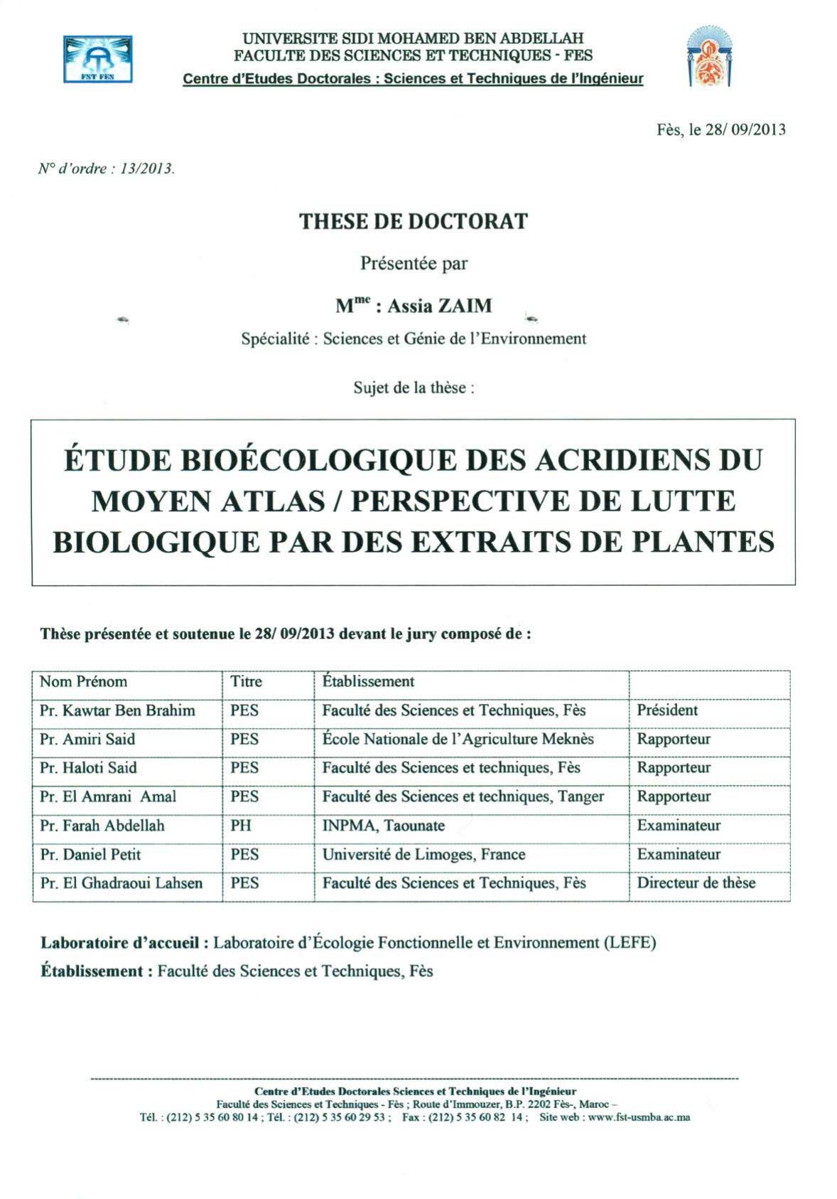 Etude bioécologique des acridiens du Moyen Atlas/ Perspéctive de lutte biologique par des extraits de plantes