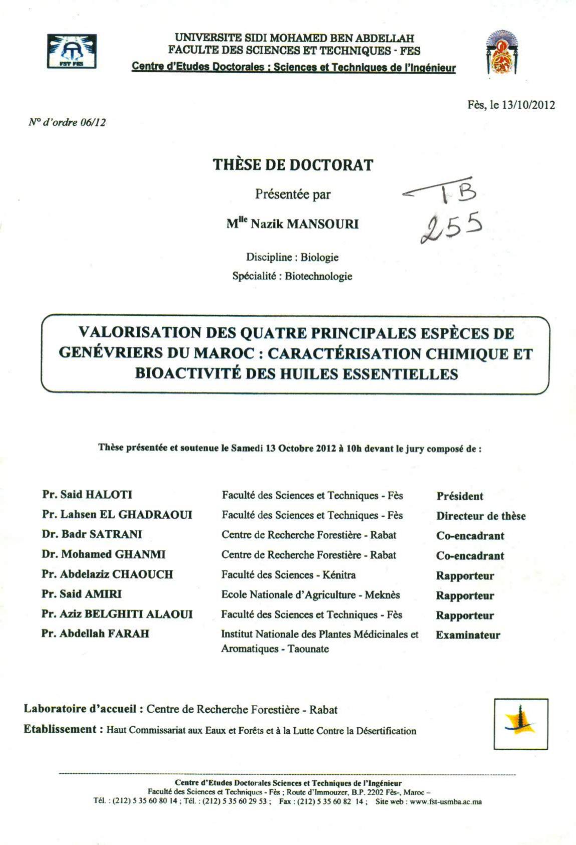 Valorisation des quatre principales espèces de genévriers du Maroc: Caractérisation chimique et bioactivité des huiles essentielles