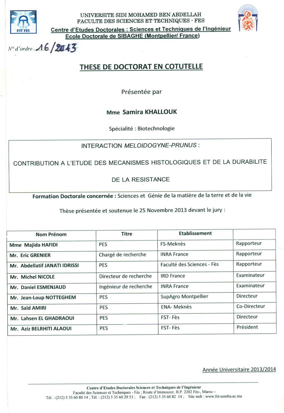 Interaction meloidogune-Prunus: Contribution à l'étude des mécanismes histologiques et de la durabilité de la résistance