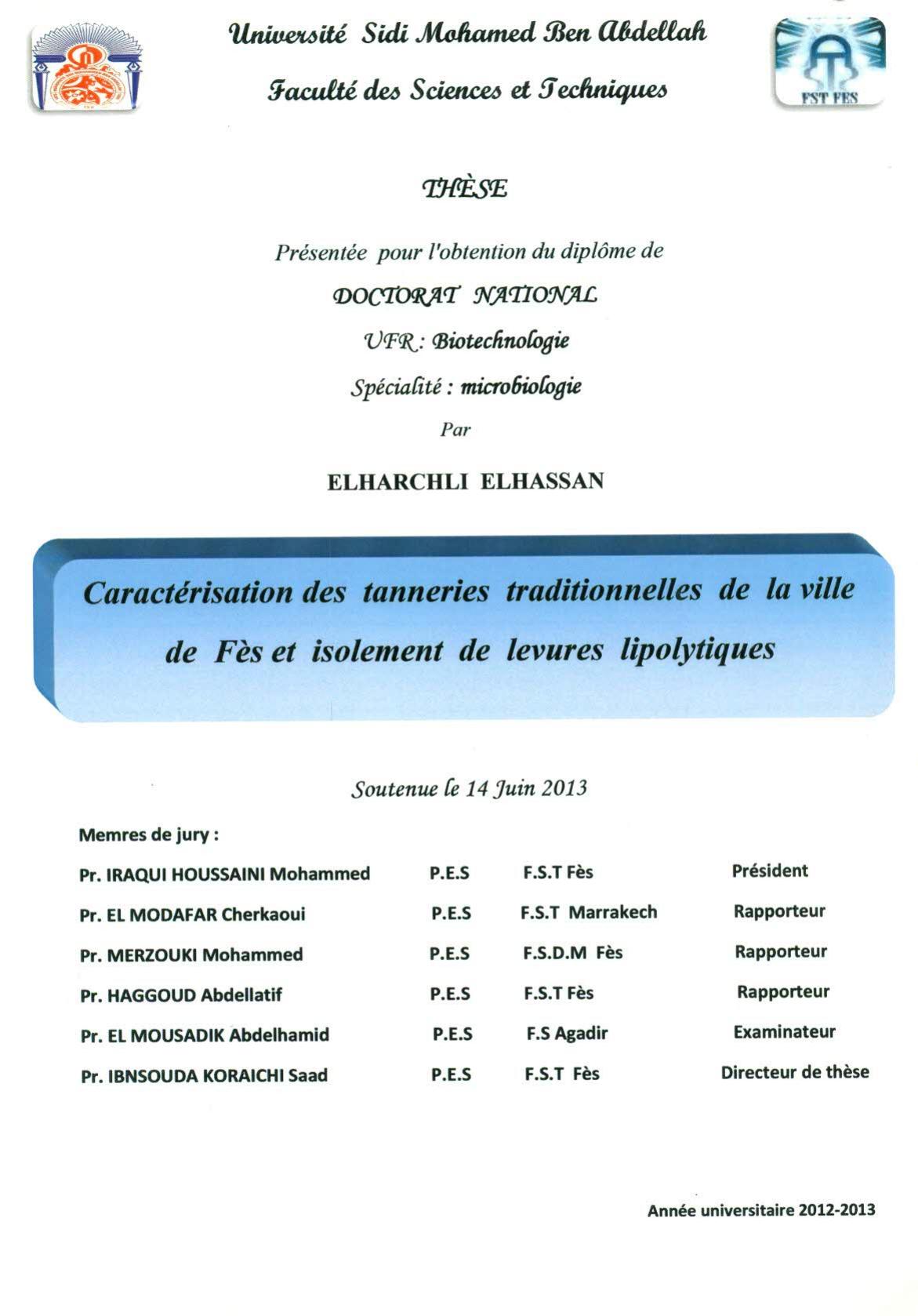 Caractérisation des tanneries traditionnelles de la ville de Fès et isolement de levures lipolytiques