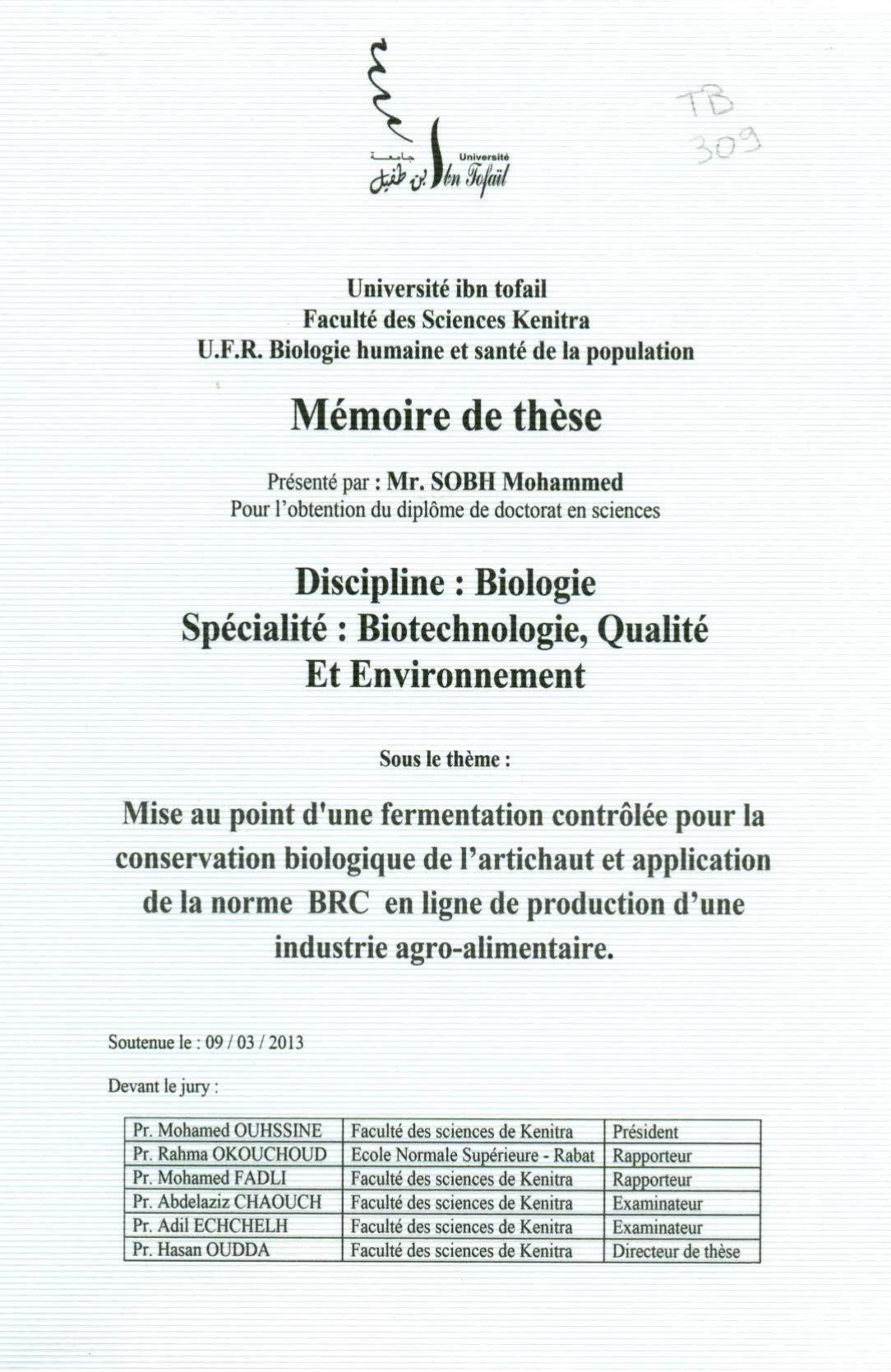 Mise au point d'une fermentation contrôlée pour la conservation biologique de l'artichaut et application de la norme BRC en ligne de production d'une industrie agroalimentaire