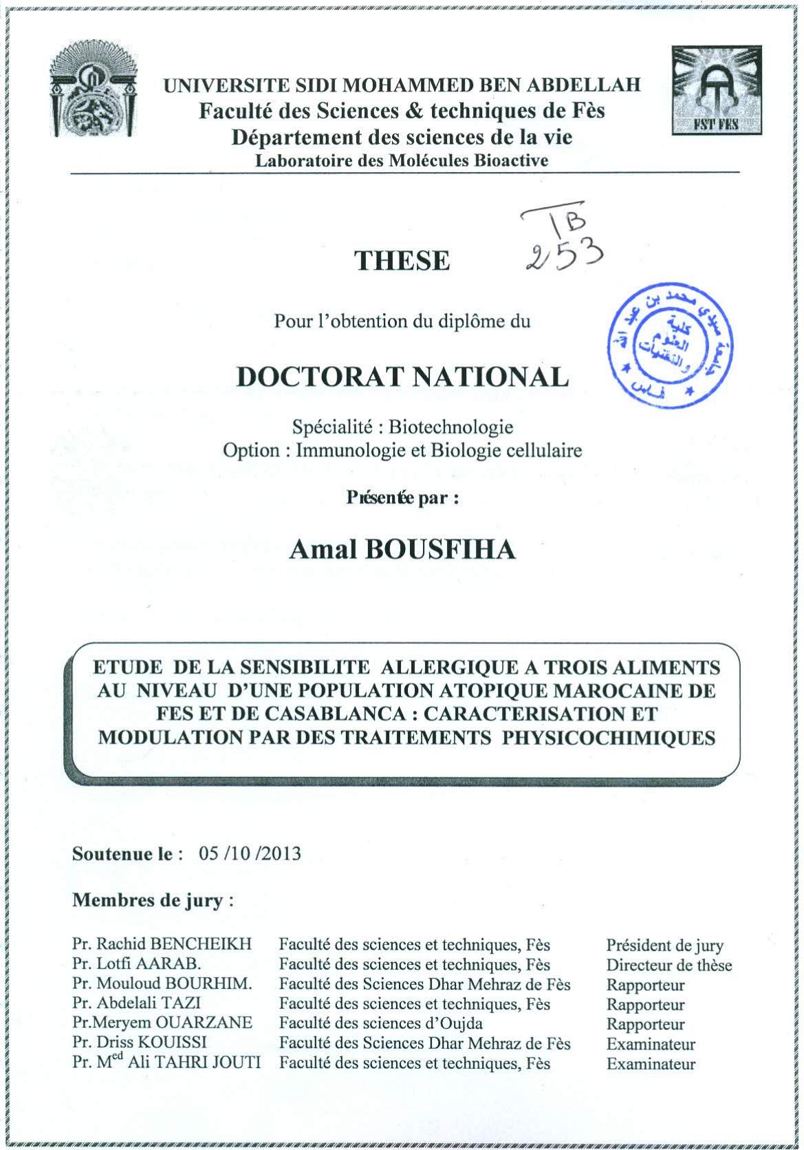 Etude de la sensibilité allergique à trois aliments au niveau d'une population atopique marocaine de Fès et de Casablanca: caractérisation et modulation par des traitements physicochimiques