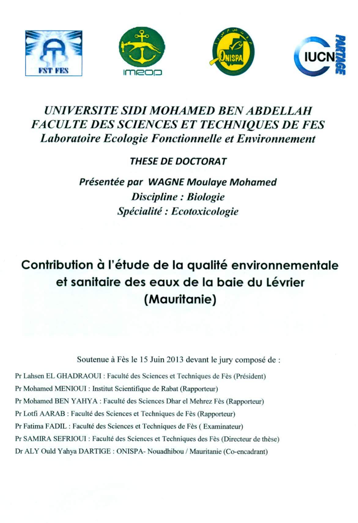 Contribution à l'étude de la qualité environnementale et sanitaire des eaux de la baie du Lévier (Mauritanie)