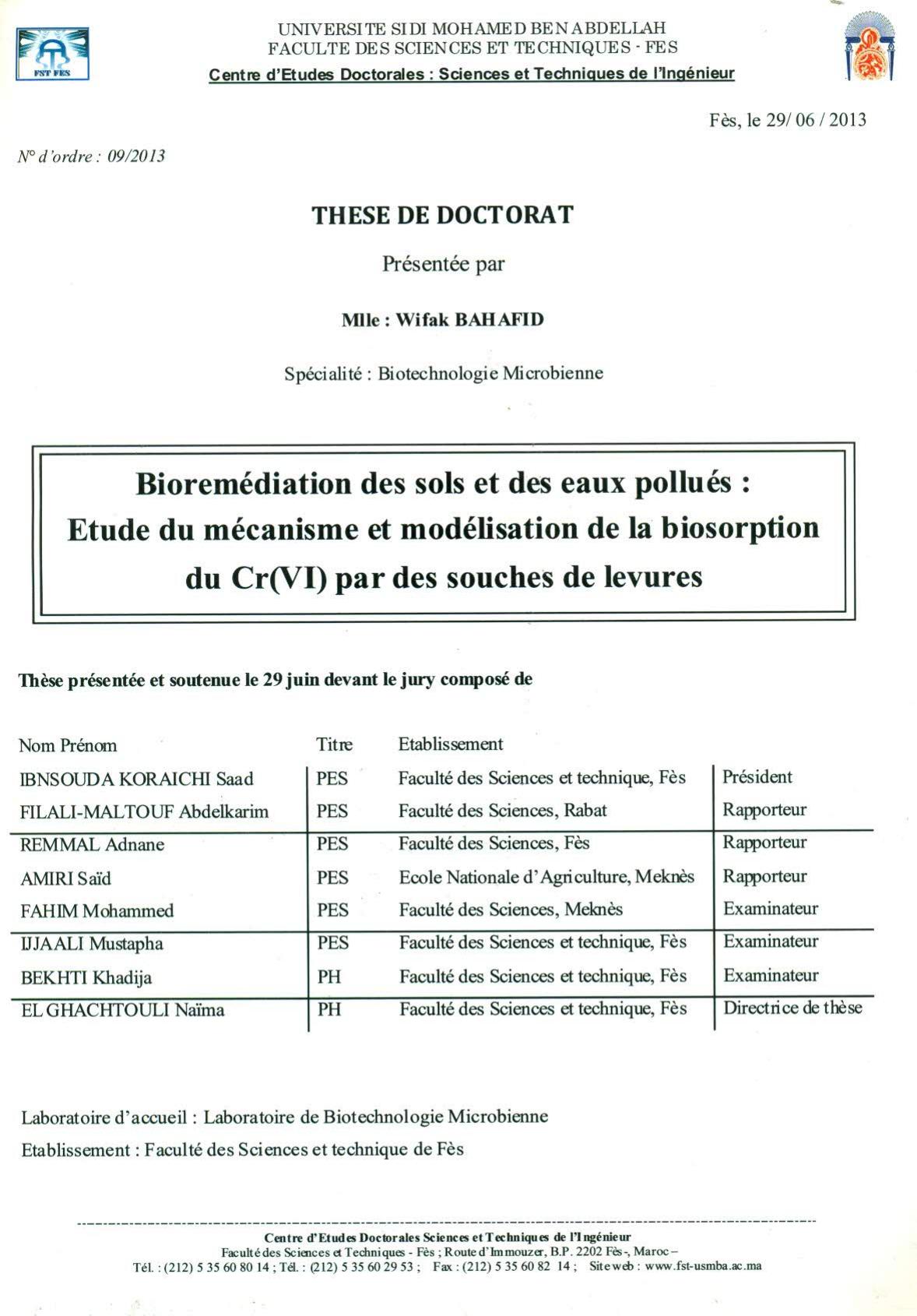 Bioremédiation des sols et des eaux pollués: Etude du mécanisme et modélisation de la biosorption du Cr(VI) par des souches de levures