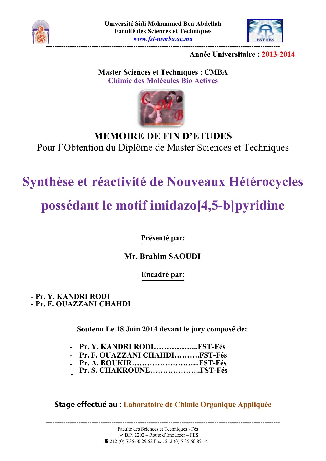 Synthèse et réactivité de Nouveaux Hétérocycles possédant le motif imidazo[4,5-b]pyridine