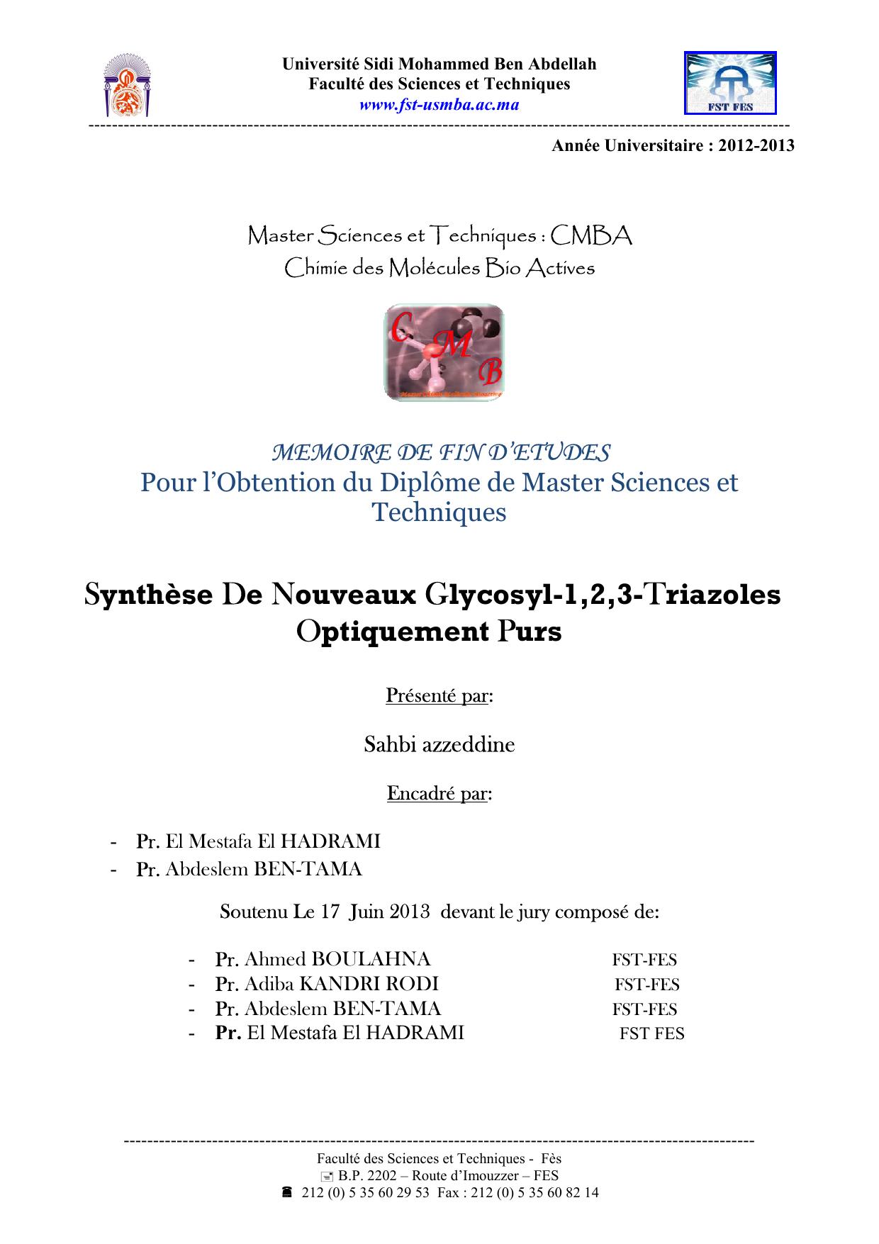 Synthèse De Nouveaux Glycosyl-1,2,3-Triazoles Optiquement Purs