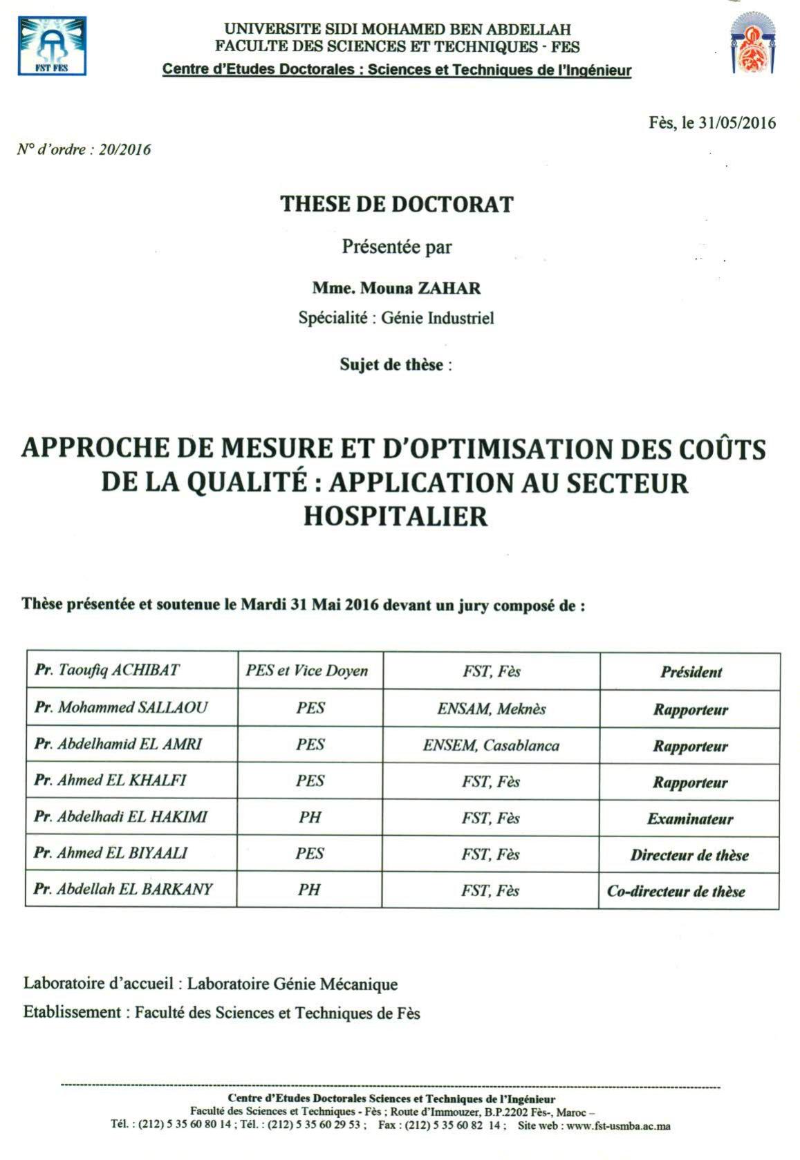 Approche de mesure et d'optimisation des coûts de la qualité: application au secteur hospitalier