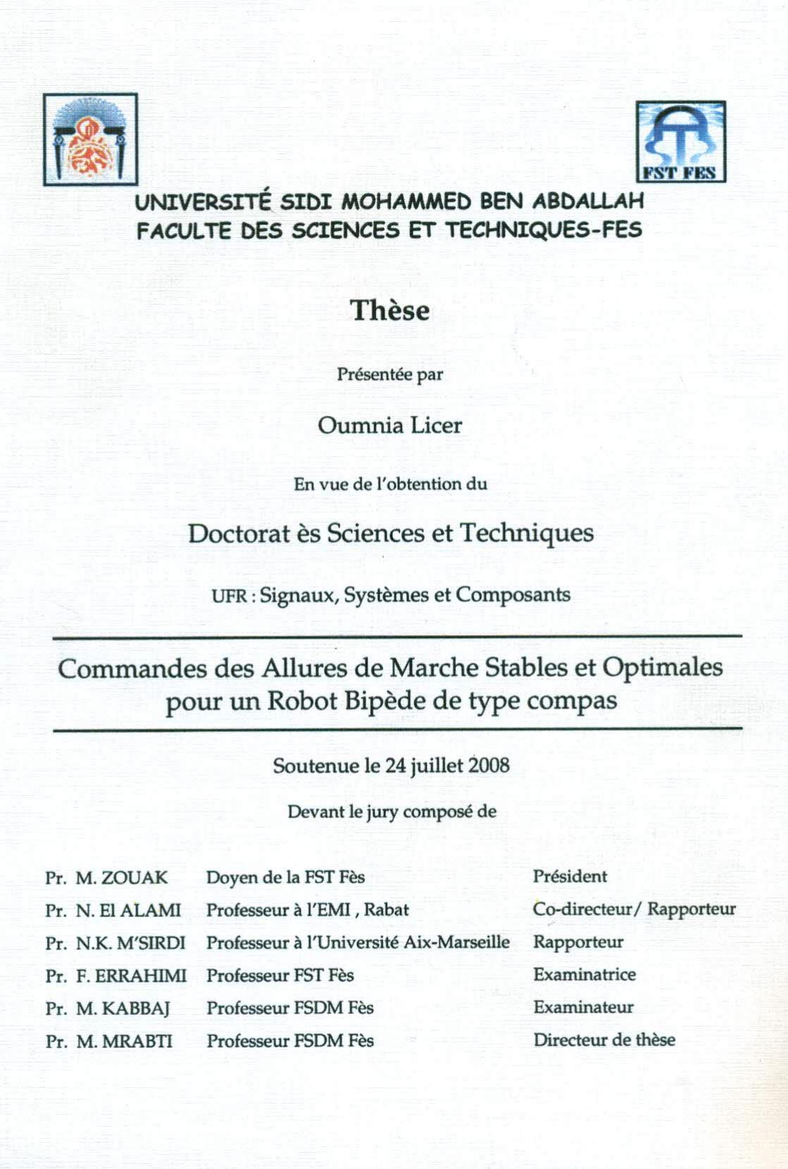 Commande des allures de marche stables et optimales pour un robot bipède de type compas