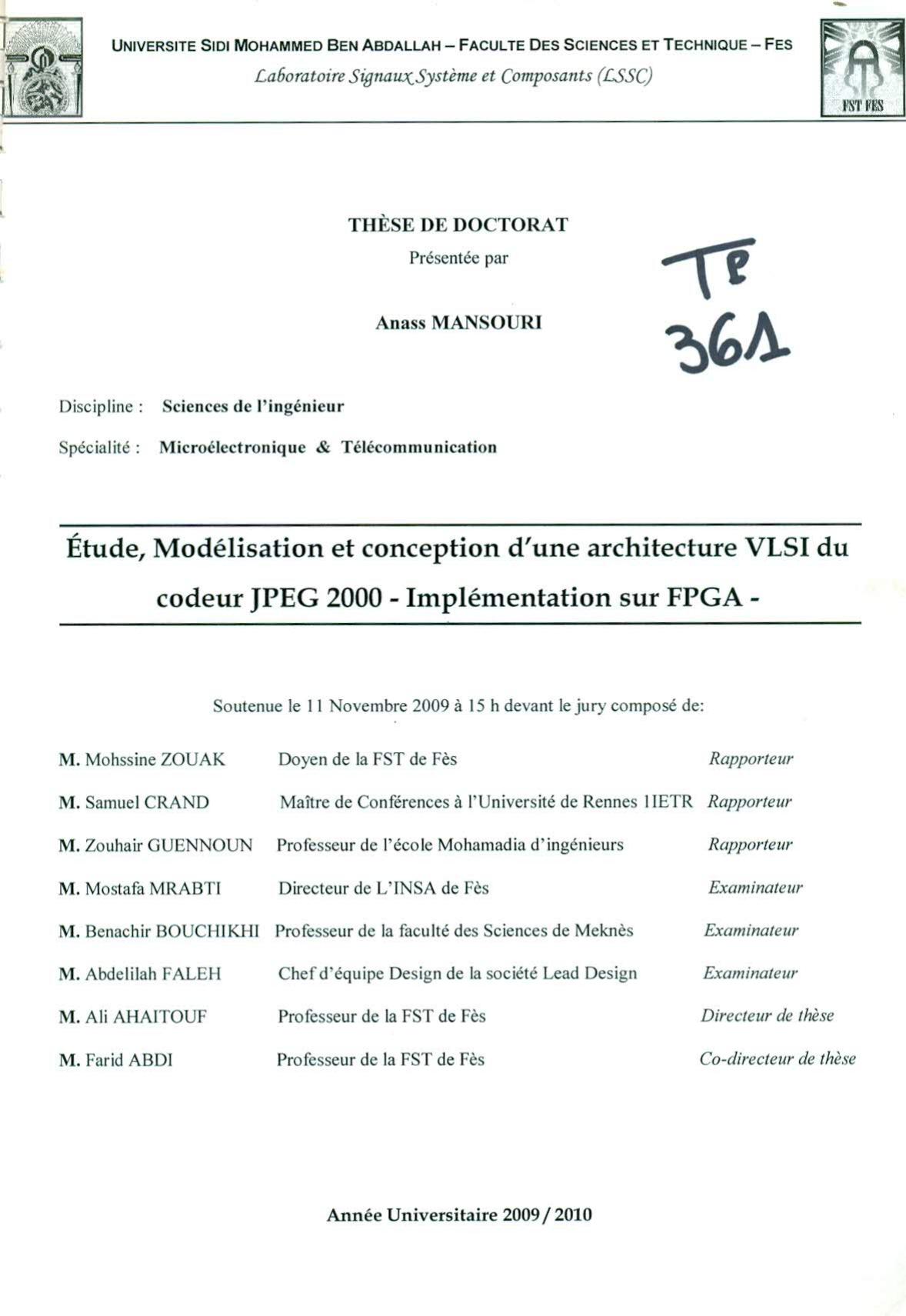 Etude, modélisation et conception d'une architecture VLSI du codeur PEG 2000 - Implémentation sur FPGA